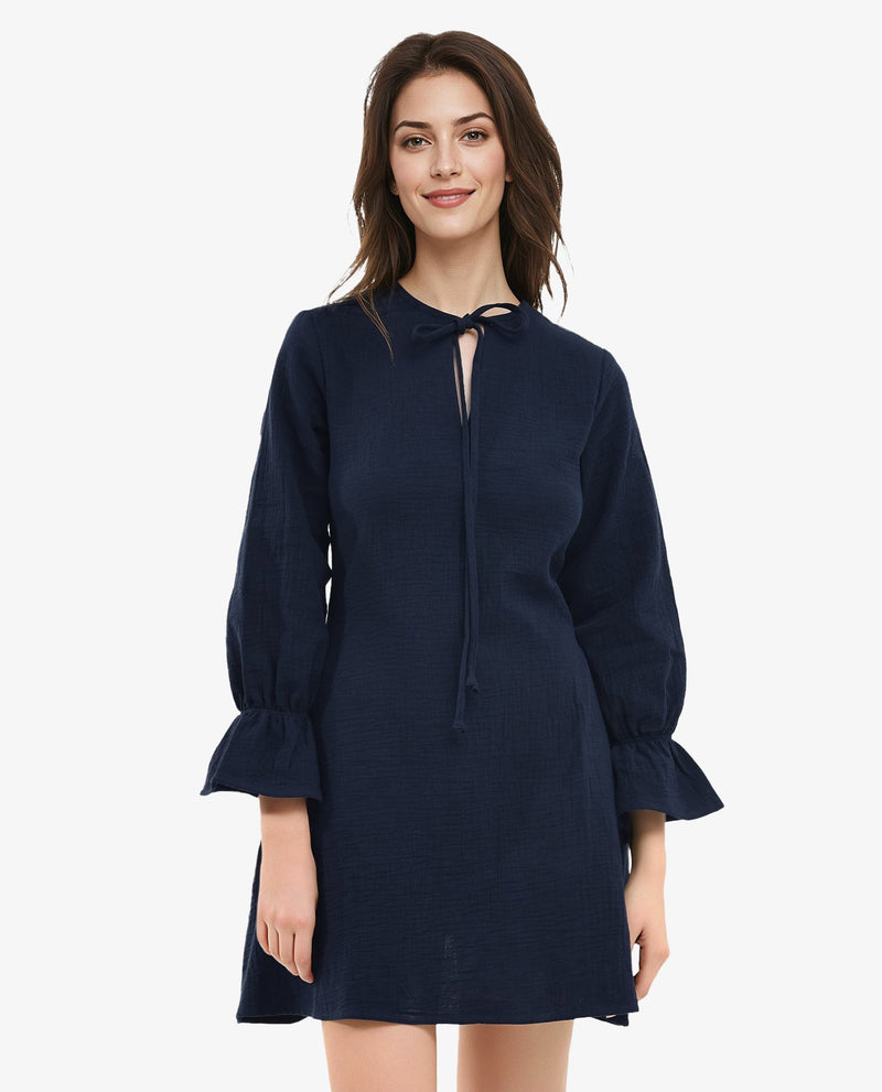 Rareism Women Oberon Navy Cotton Fabric 3/4Th Sleeve Tie-Up Neck Solid Regular Fit Dress