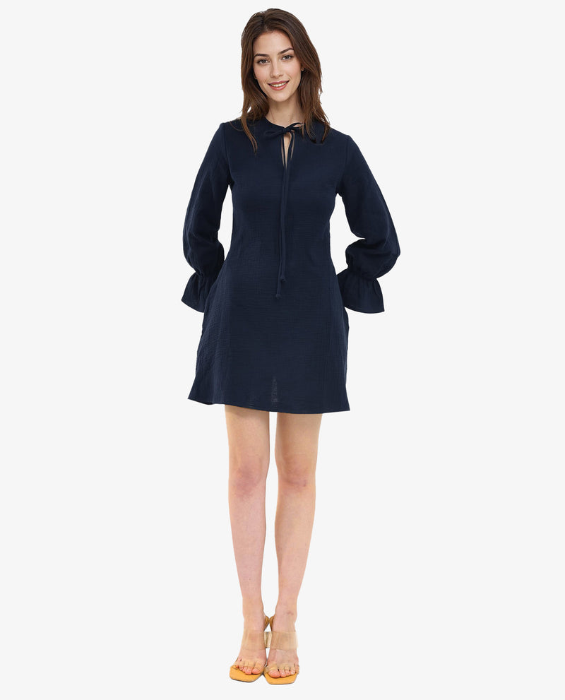 Rareism Women Oberon Navy Cotton Fabric 3/4Th Sleeve Tie-Up Neck Solid Regular Fit Dress