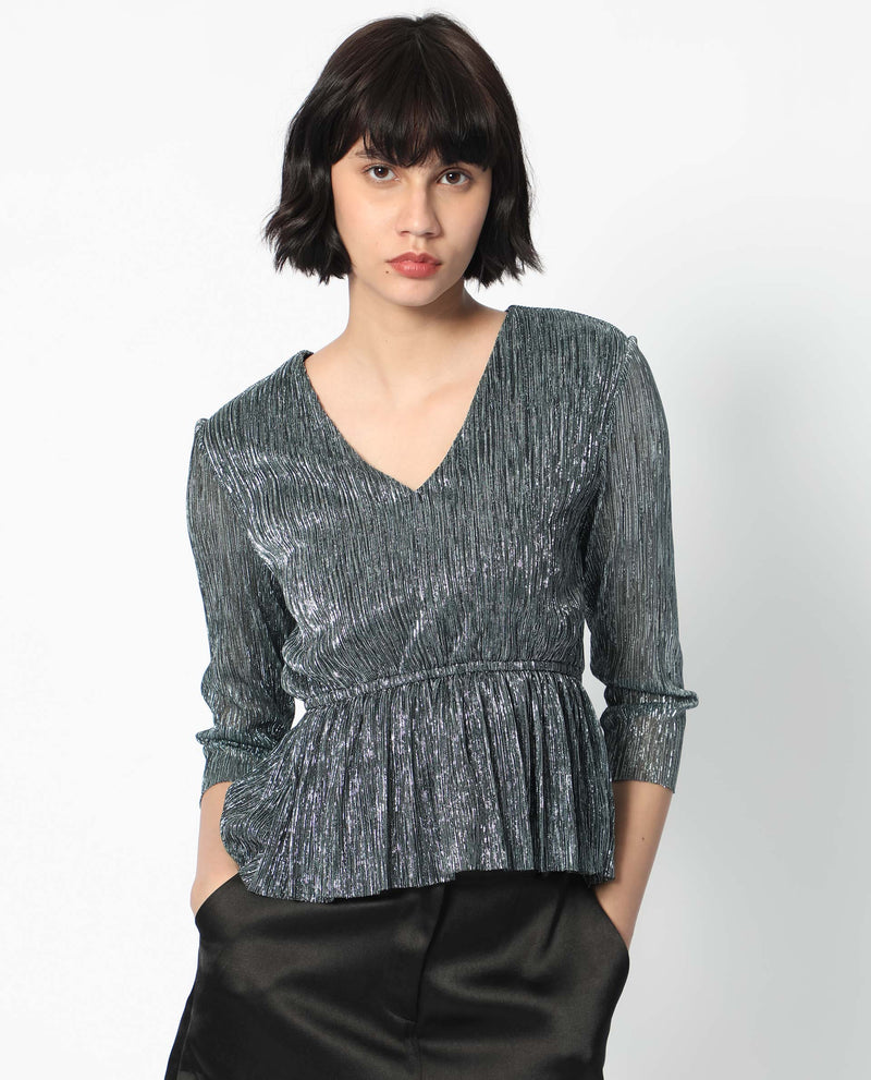 Rareism Women Odim Metallic Silver Polyester Fabric 3/4Th Sleeves V-Neck Regular Fit Shimmer Blouse Top