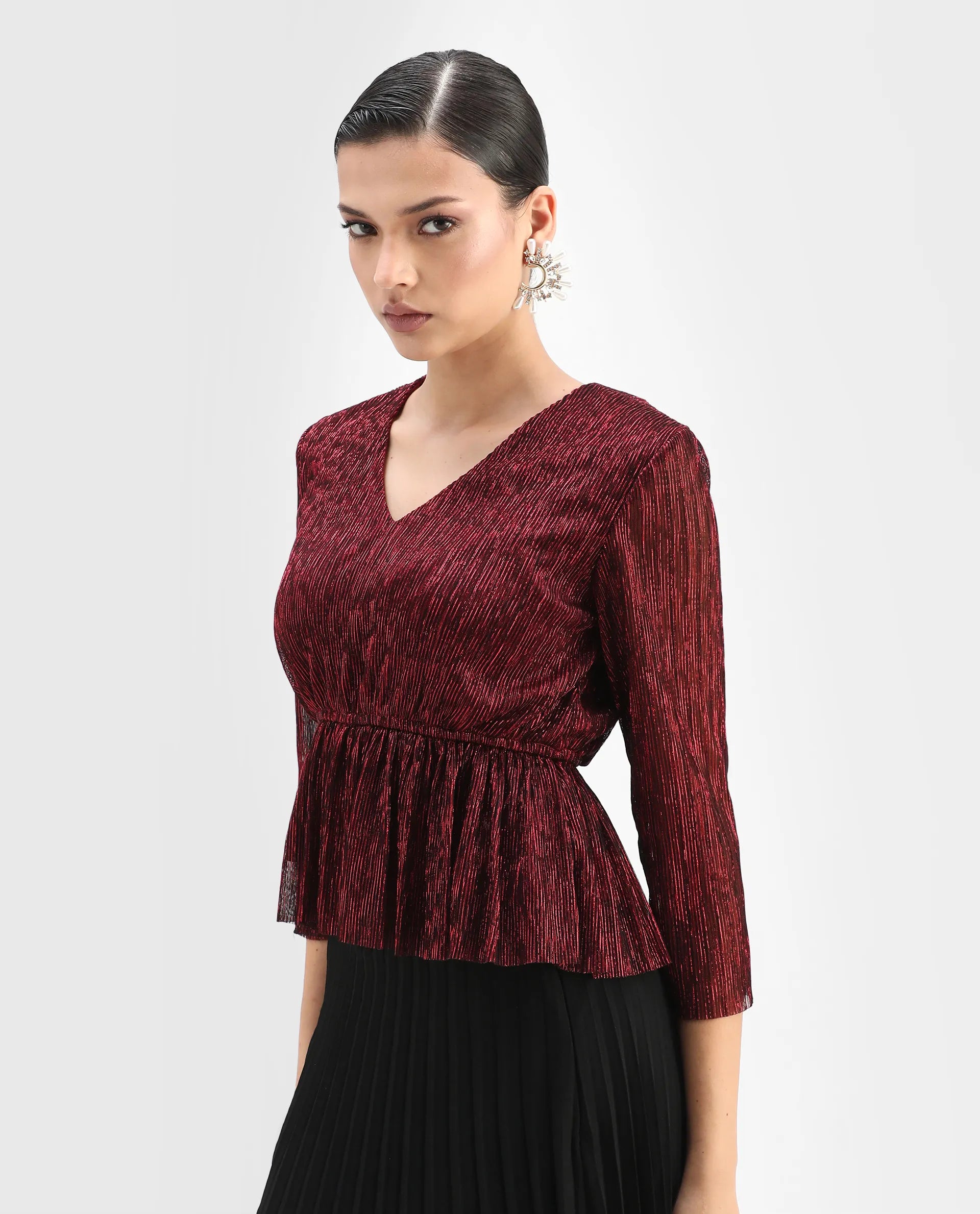 Rareism Women's Odim Metalic Red Polyester V-Neck Shimmer Regular Fit Top