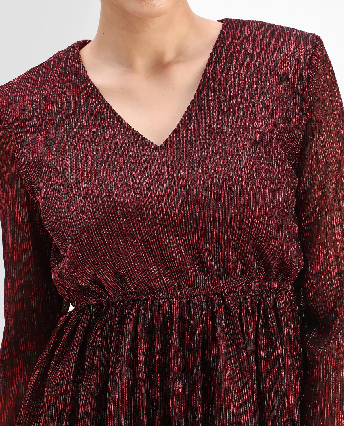 Rareism Women's Odim Metalic Red Polyester V-Neck Shimmer Regular Fit Top