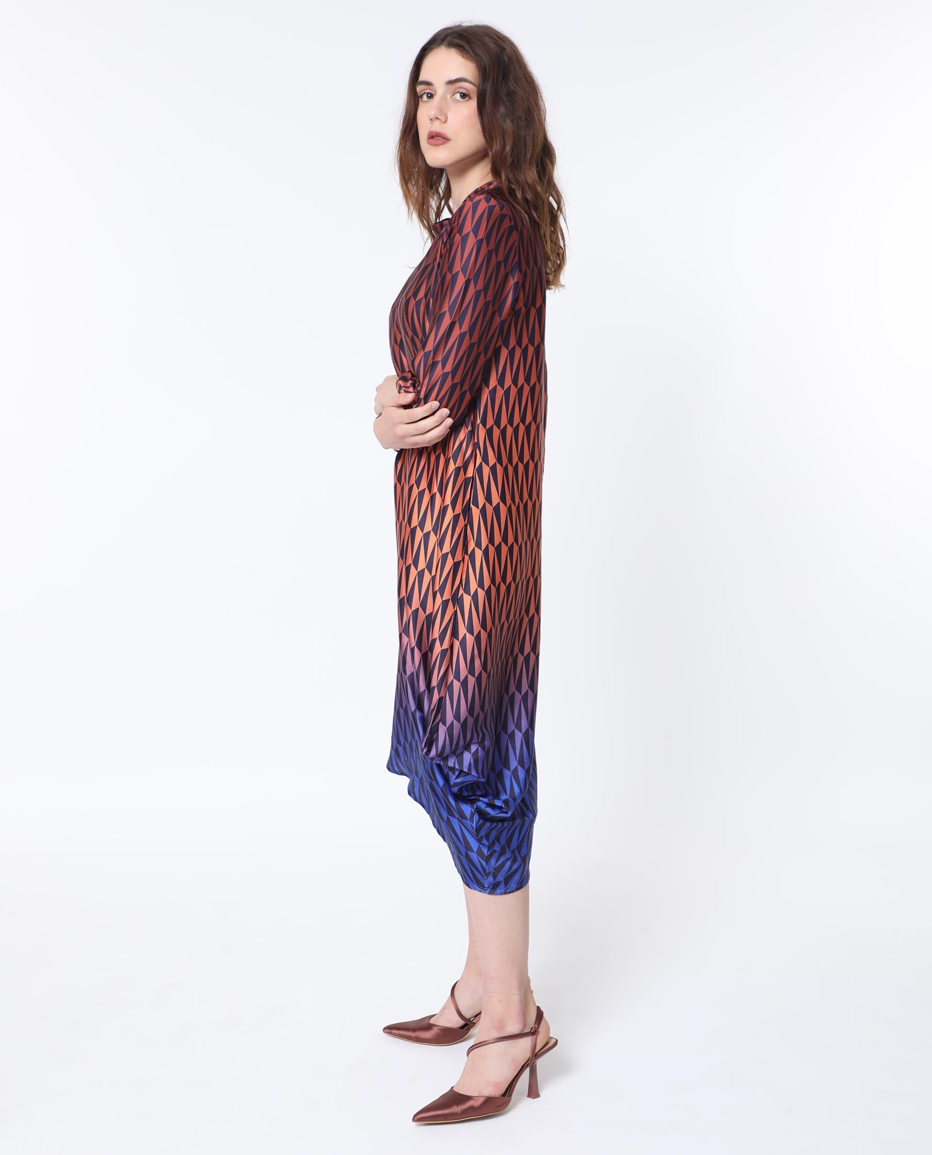 Rareism Women's Ohren Multi Polyester High Neck Geometric Print Midi Relaxed Fit Dress