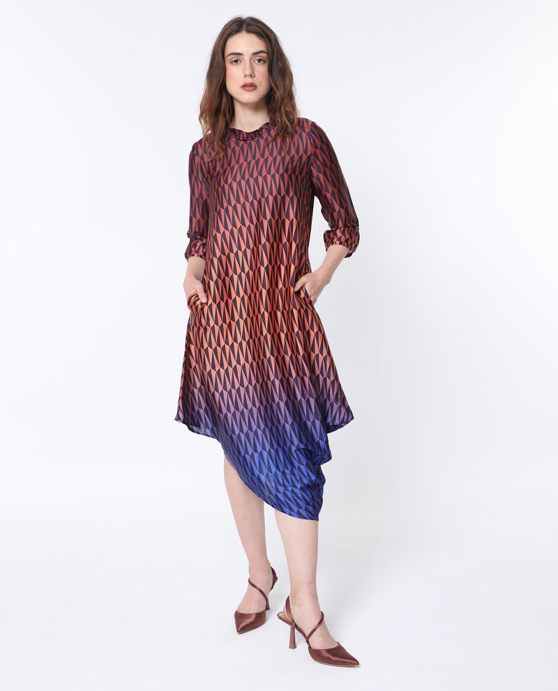 Rareism Women Ohren Multi Polyester Fabric 3/4Th Sleeves Zip Closure High Neck Relaxed Fit Geometric Print Midi Asymmetric Dress