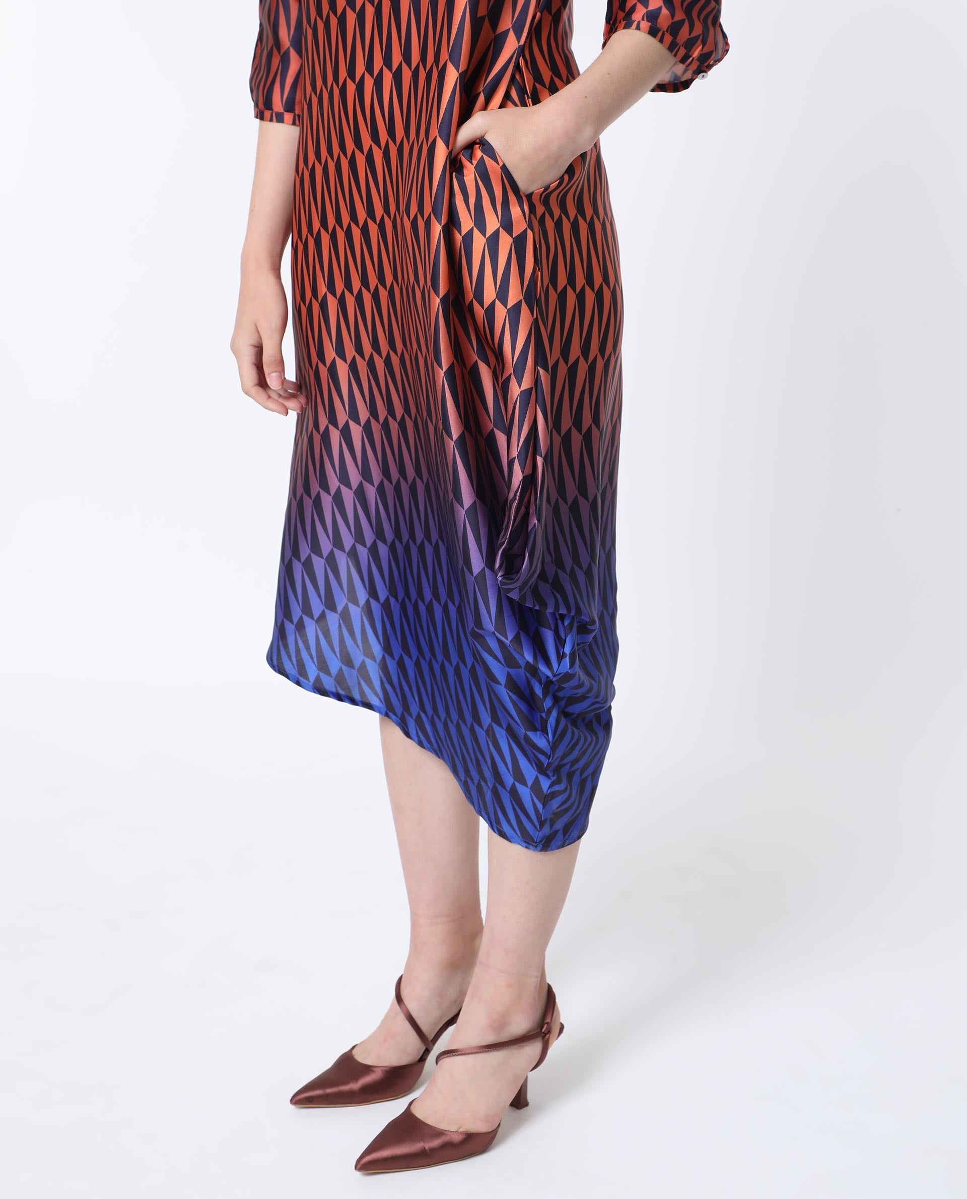 Rareism Women's Ohren Multi Polyester High Neck Geometric Print Midi Relaxed Fit Dress
