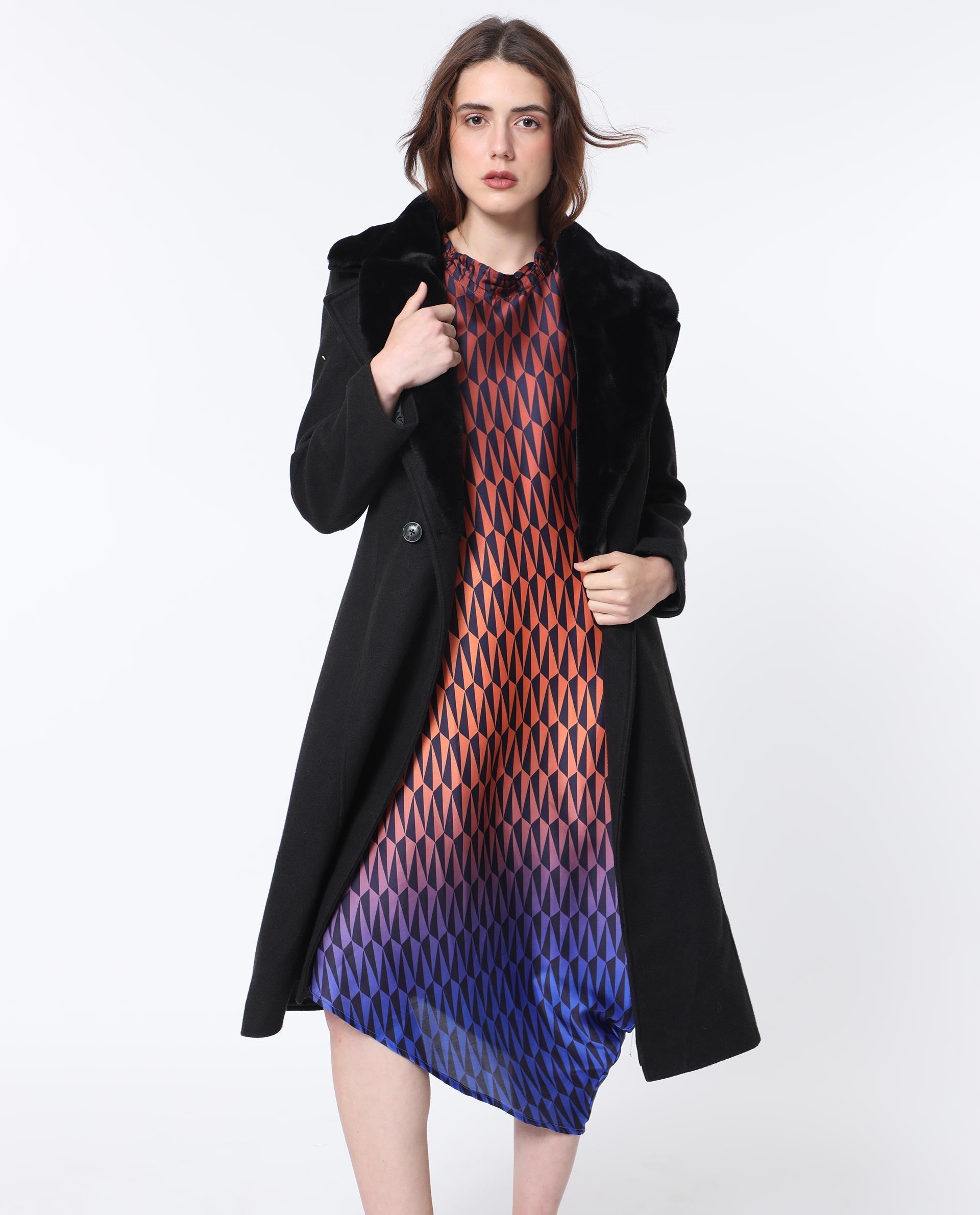 Rareism Women's Ohren Multi Polyester High Neck Geometric Print Midi Relaxed Fit Dress