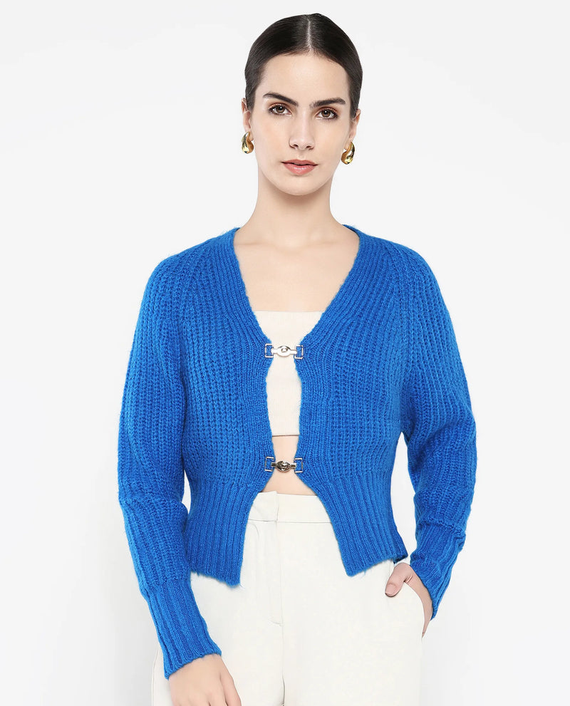 Rareism Women Okali Blue Relaxed Fit Plain Cardigan