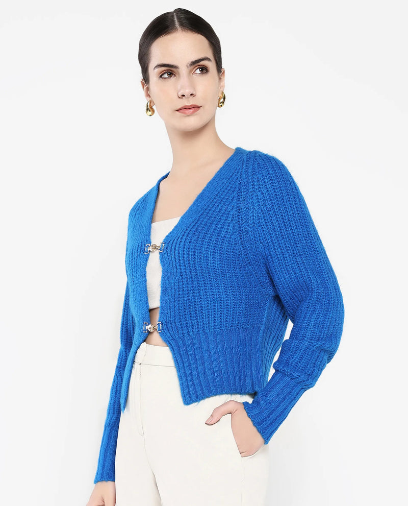 Rareism Women Okali Blue Relaxed Fit Plain Cardigan