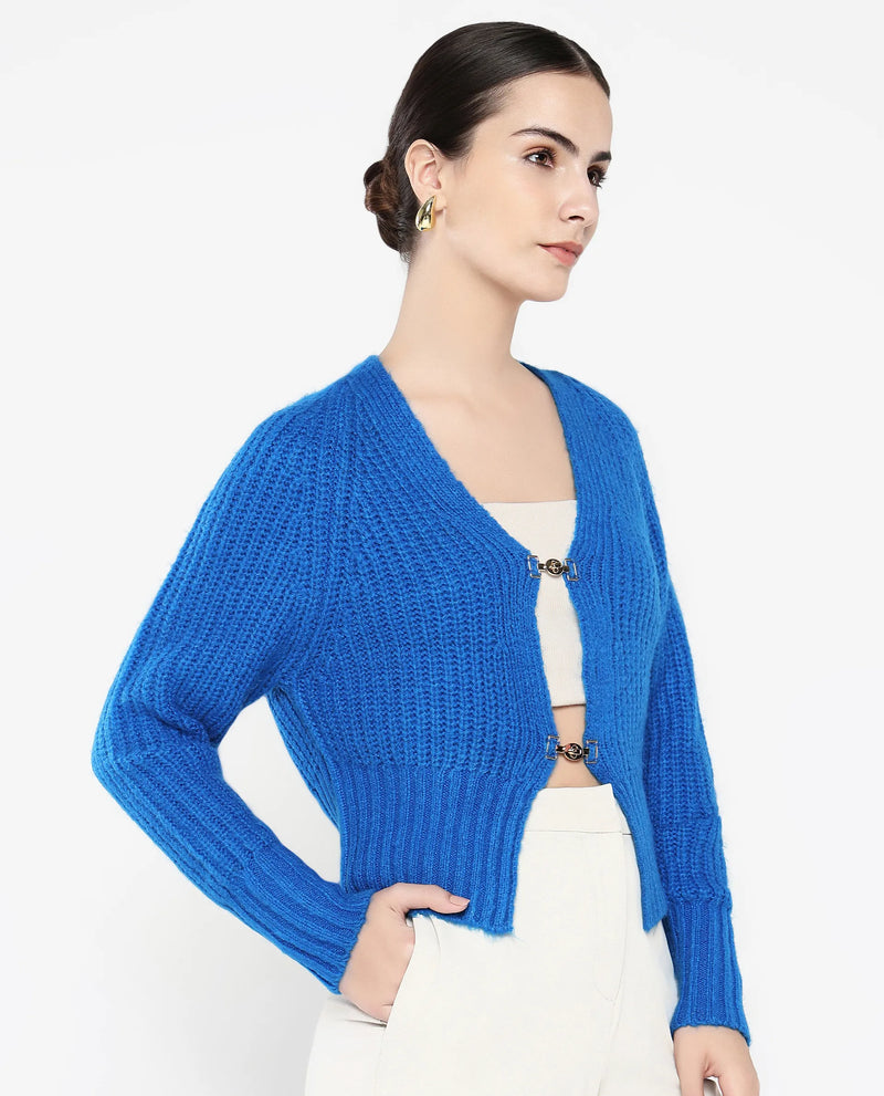 Rareism Women Okali Blue Relaxed Fit Plain Cardigan