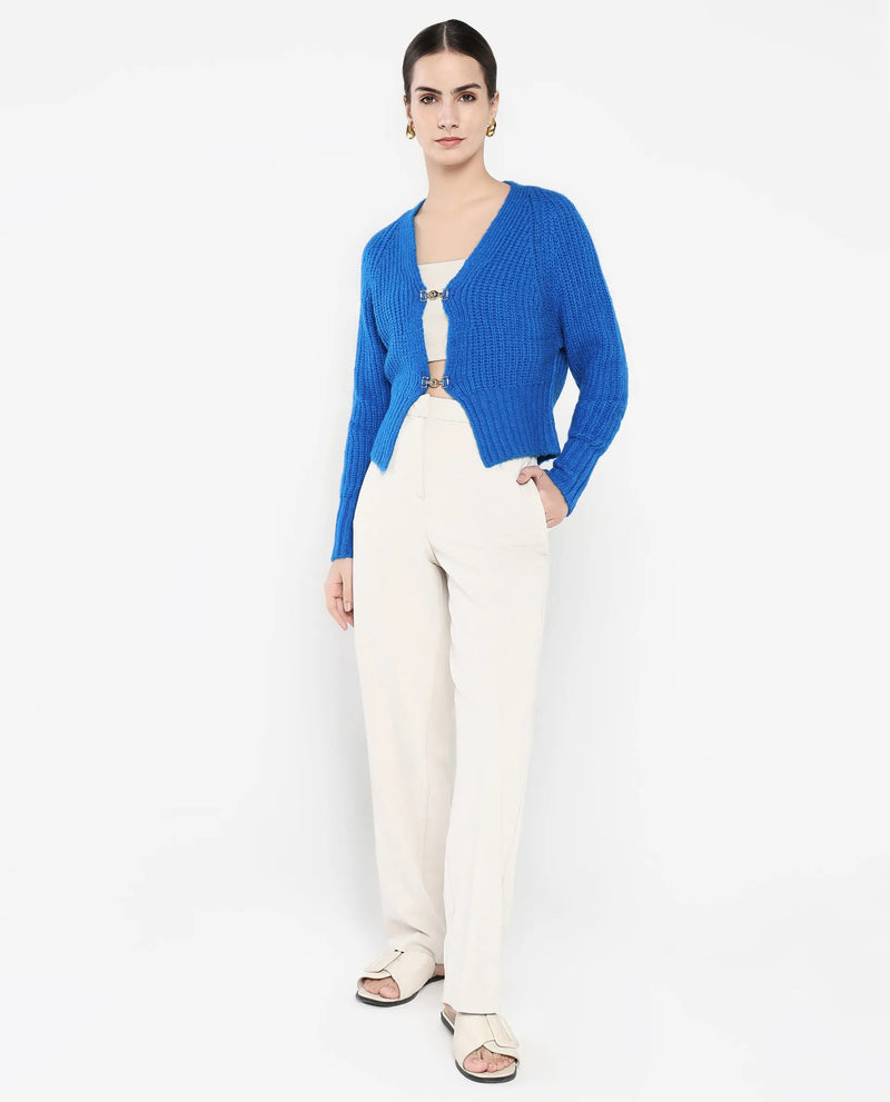 Rareism Women Okali Blue Relaxed Fit Plain Cardigan