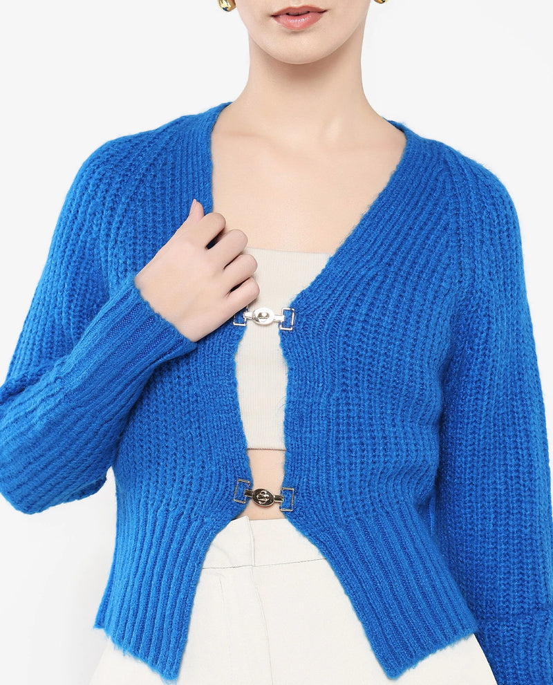 Rareism Women Okali Blue Relaxed Fit Plain Cardigan