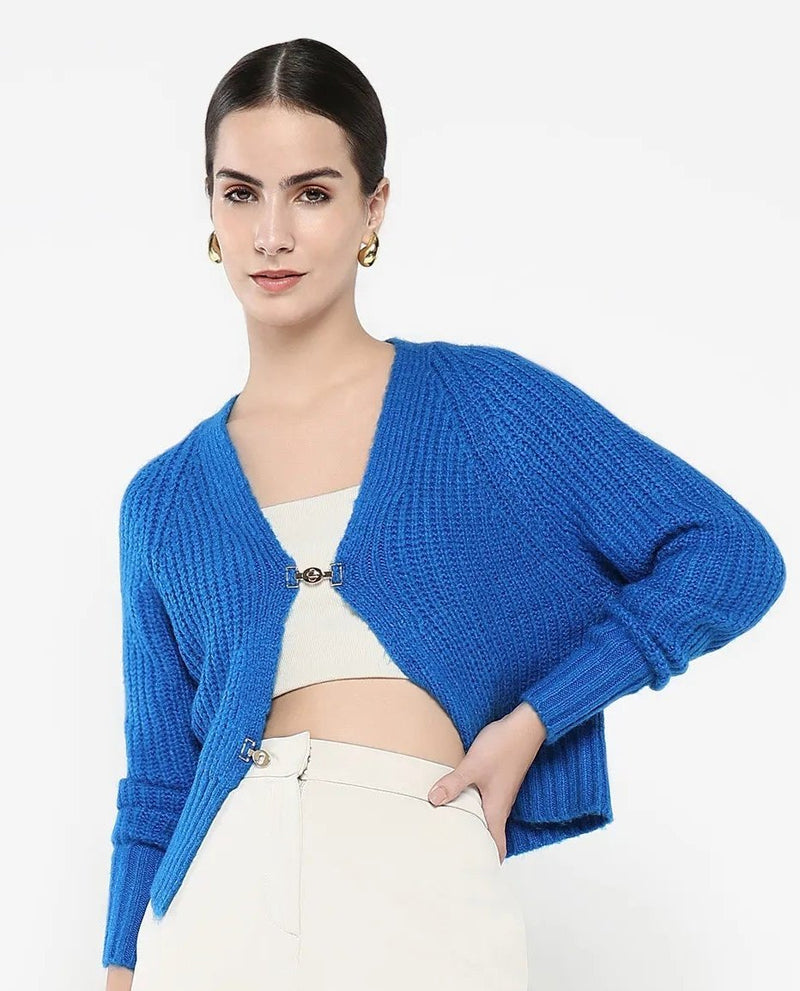 Rareism Women Okali Blue Relaxed Fit Plain Cardigan