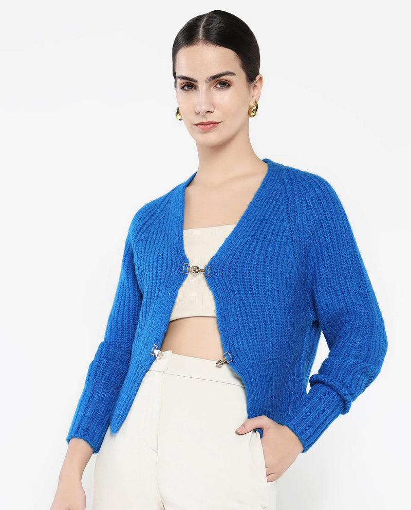 Rareism Women Okali Blue Relaxed Fit Plain Cardigan