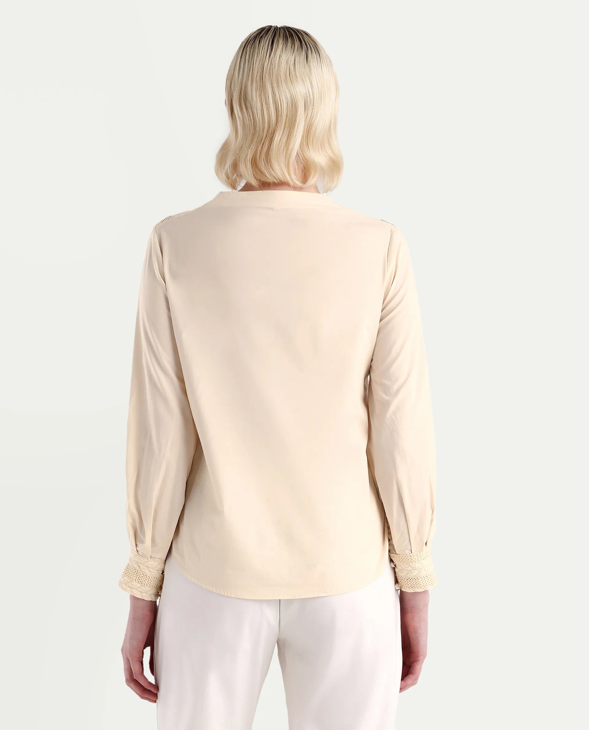 Rareism Women's Olafi Beige Cotton High Neck Plain Bishop Sleeve Regular Fit Top