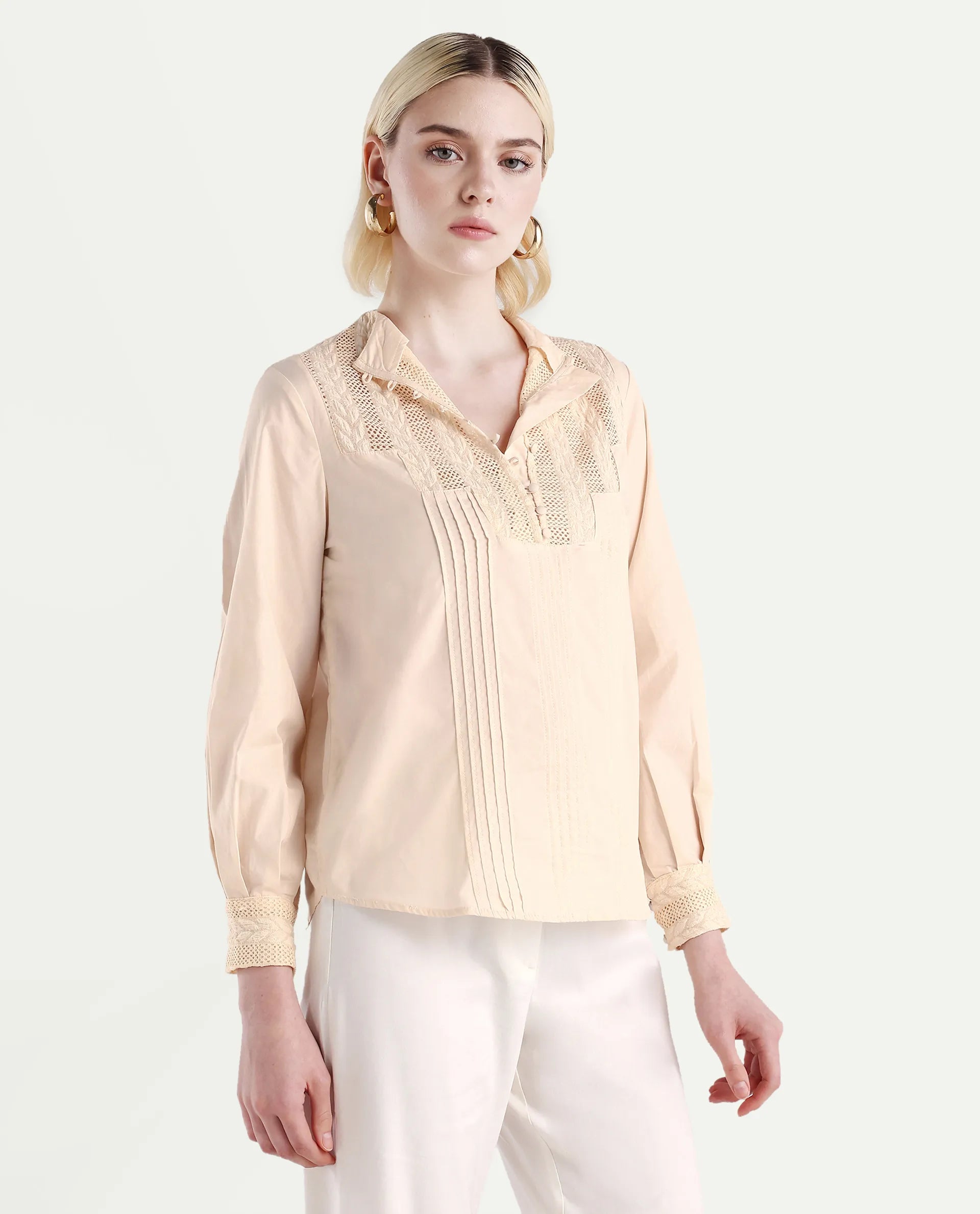 Rareism Women's Olafi Beige Cotton High Neck Plain Bishop Sleeve Regular Fit Top