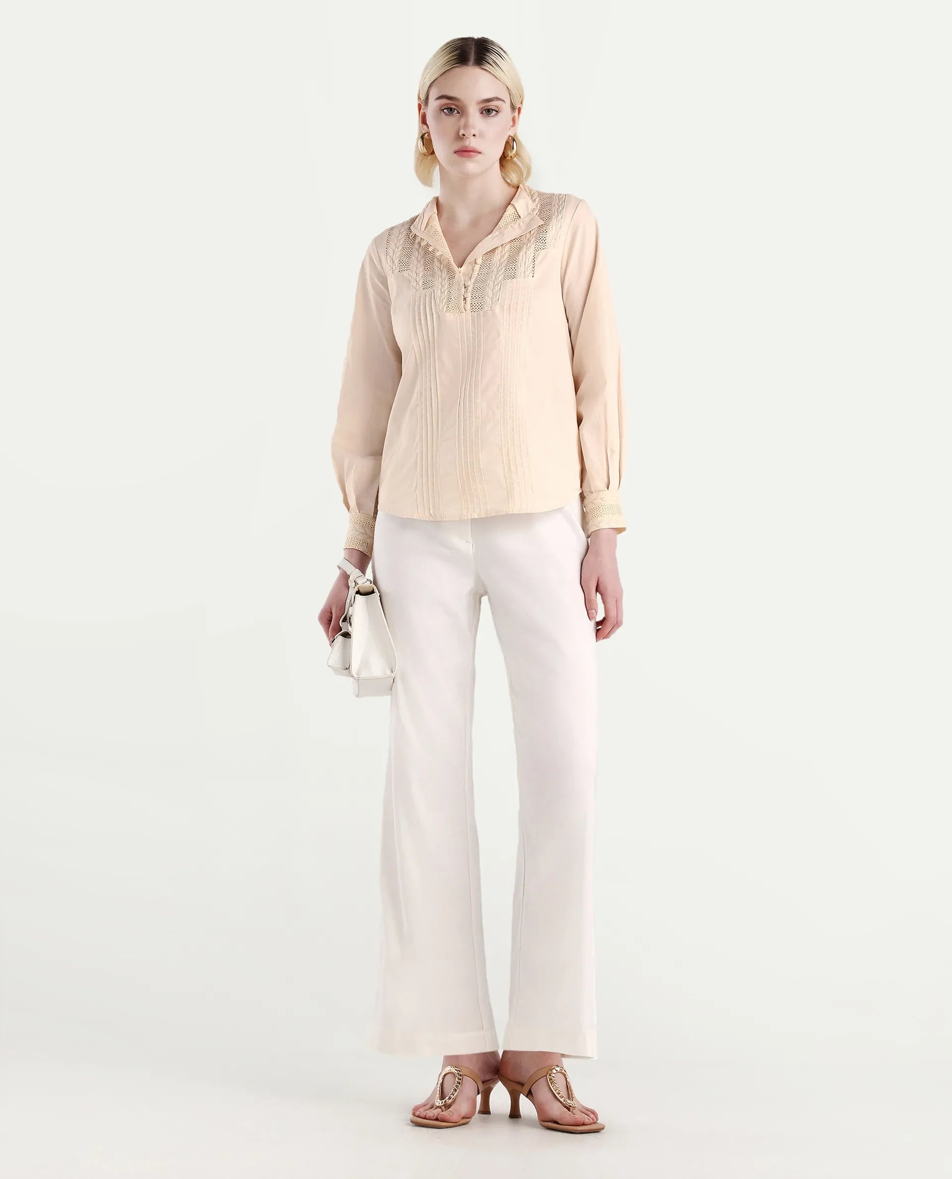 Rareism Women's Olafi Beige Cotton High Neck Plain Bishop Sleeve Regular Fit Top