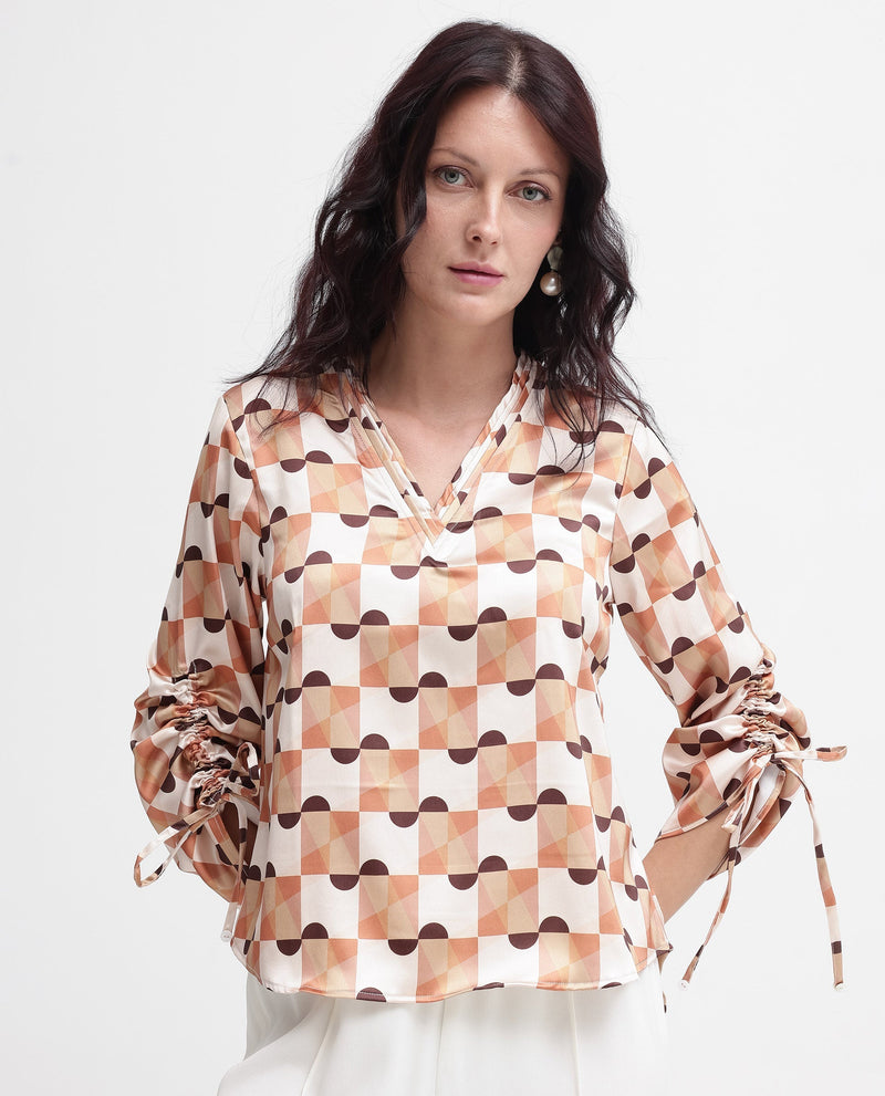 Rareism Women Olbia Light Multi Gathered Sleeve V-Neck Geometric Print Top