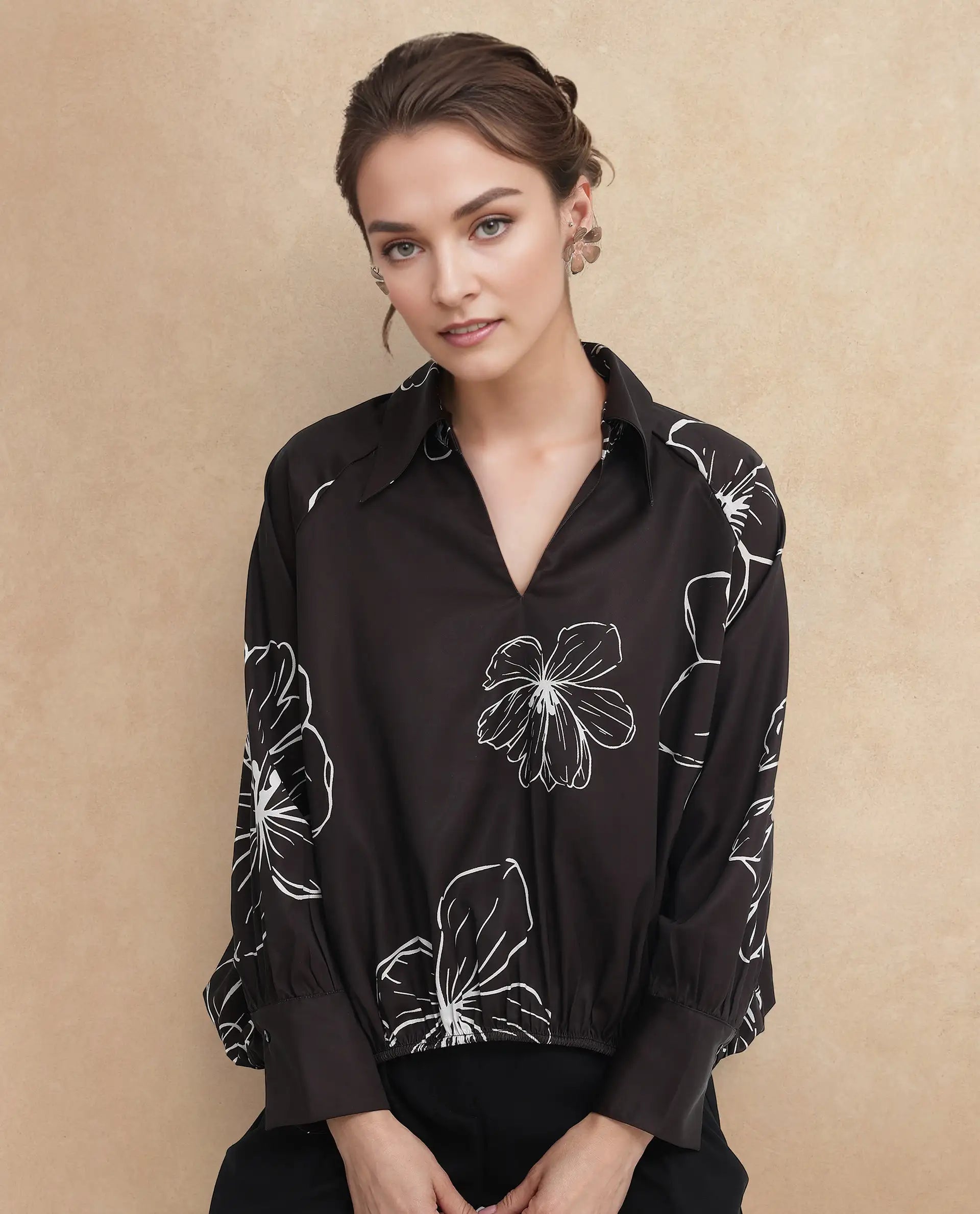 Rareism Women's Olin Sc Dark Brown Satin Drop Collar Floral Print Raglan Sleeve Regular Fit Top