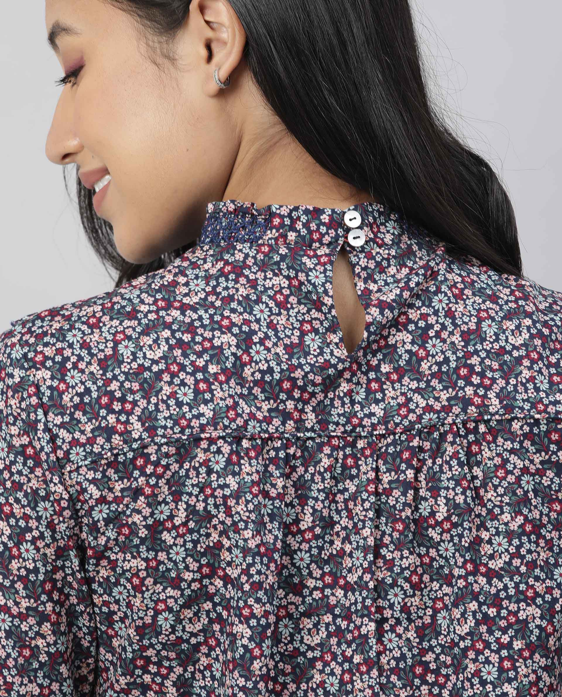 Rareism Women Oliver Navy Top Full Sleeves Printed
