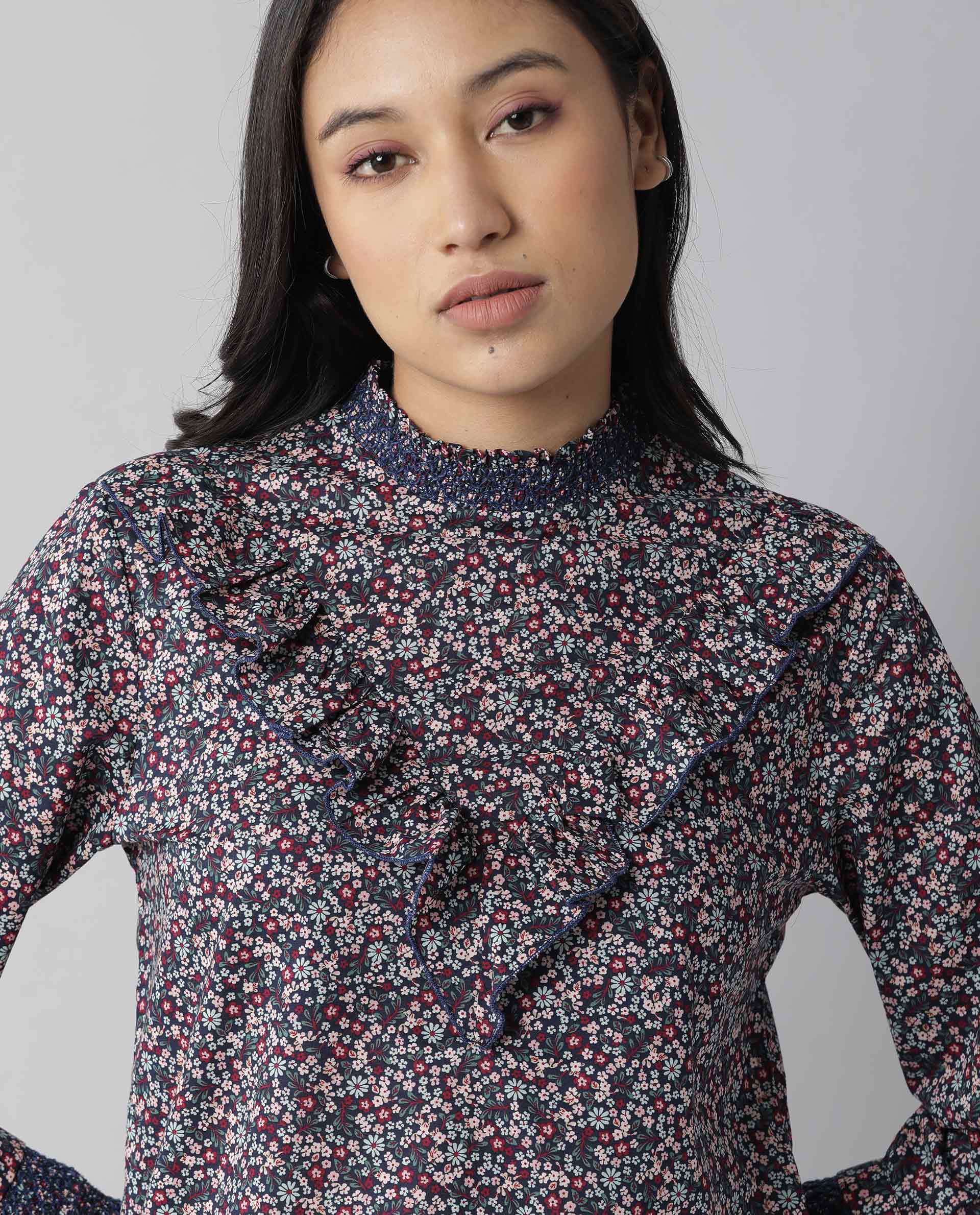 Rareism Women Oliver Navy Top Full Sleeves Printed