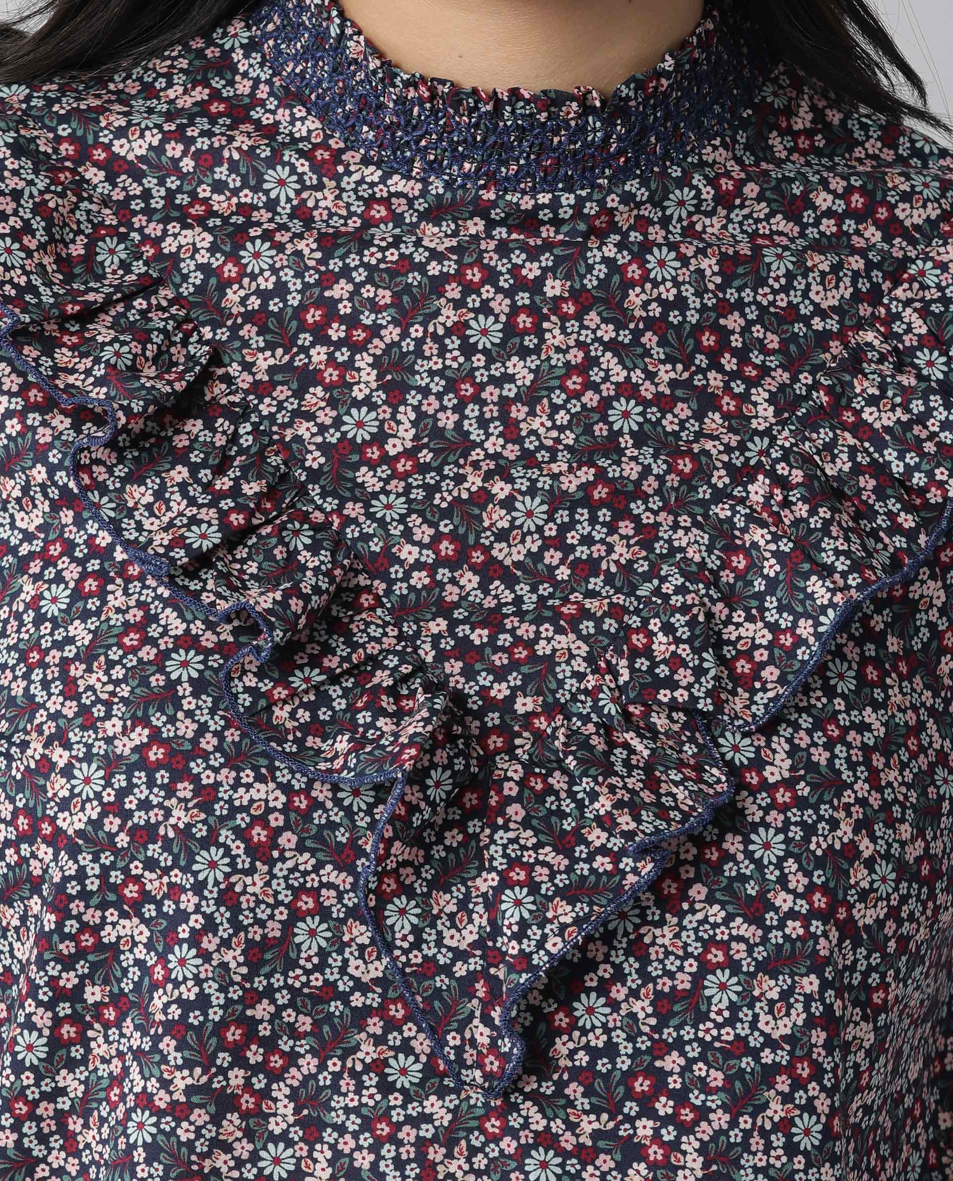 Rareism Women Oliver Navy Top Full Sleeves Printed