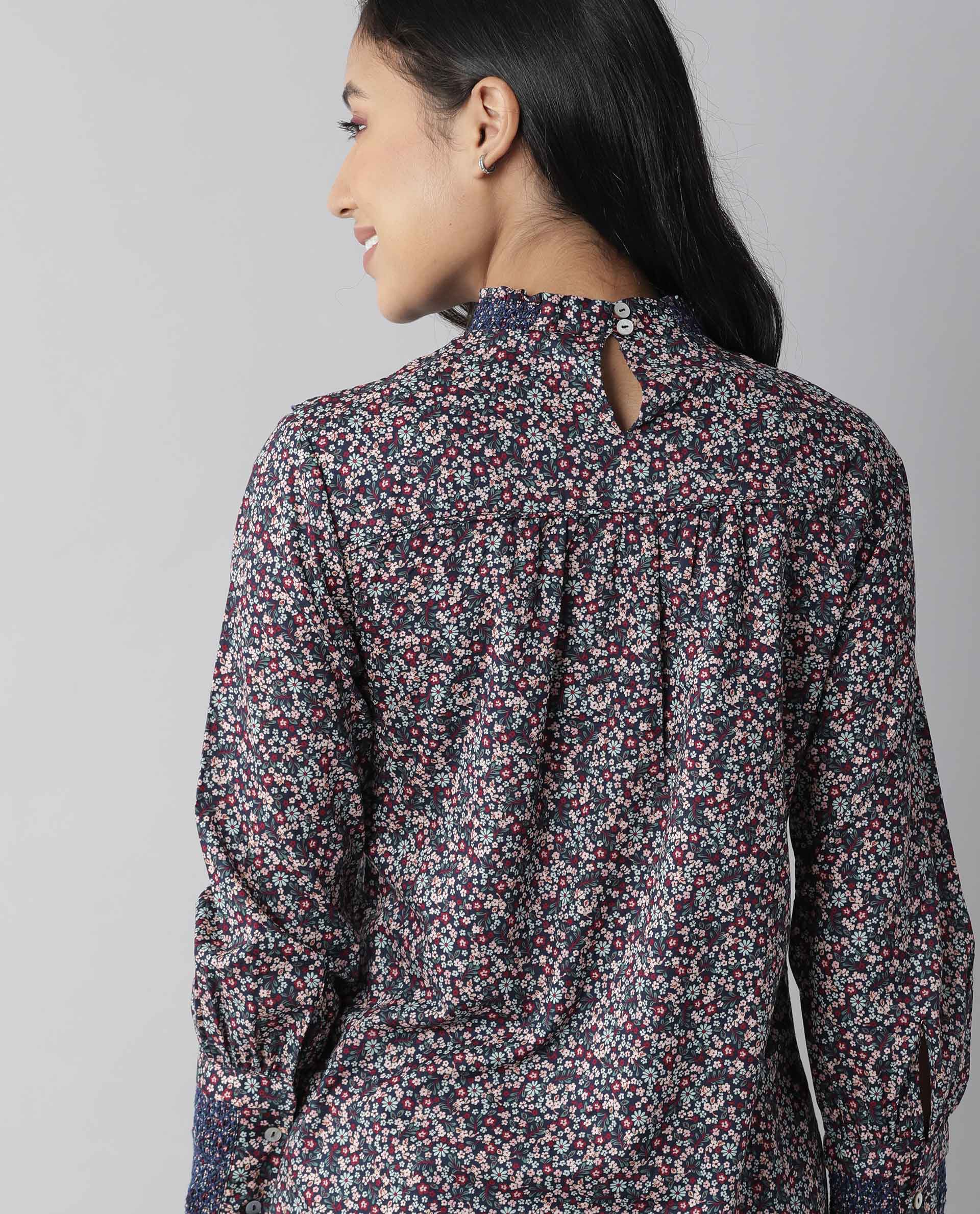 Rareism Women Oliver Navy Top Full Sleeves Printed