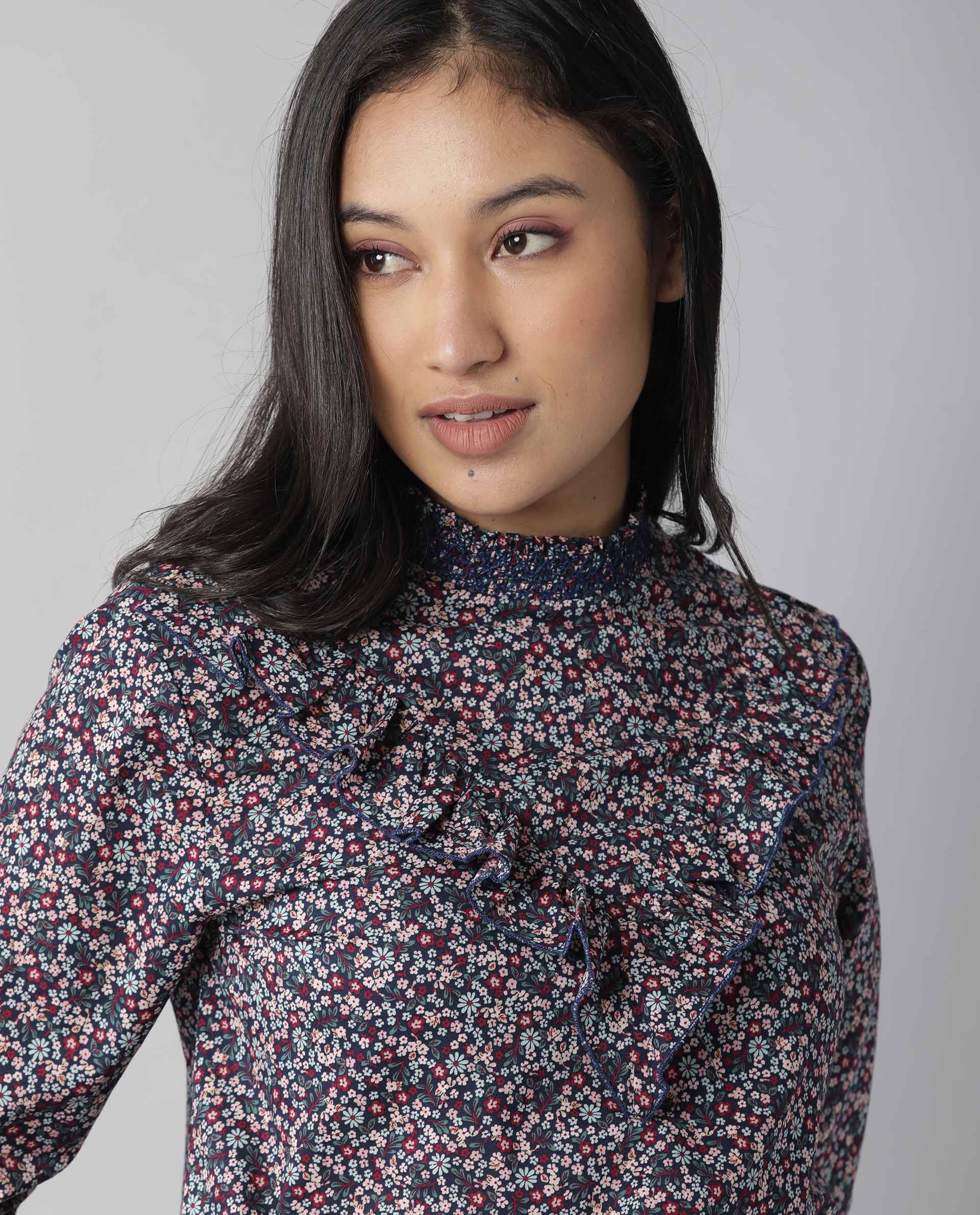 Rareism Women Oliver Navy Top Full Sleeves Printed