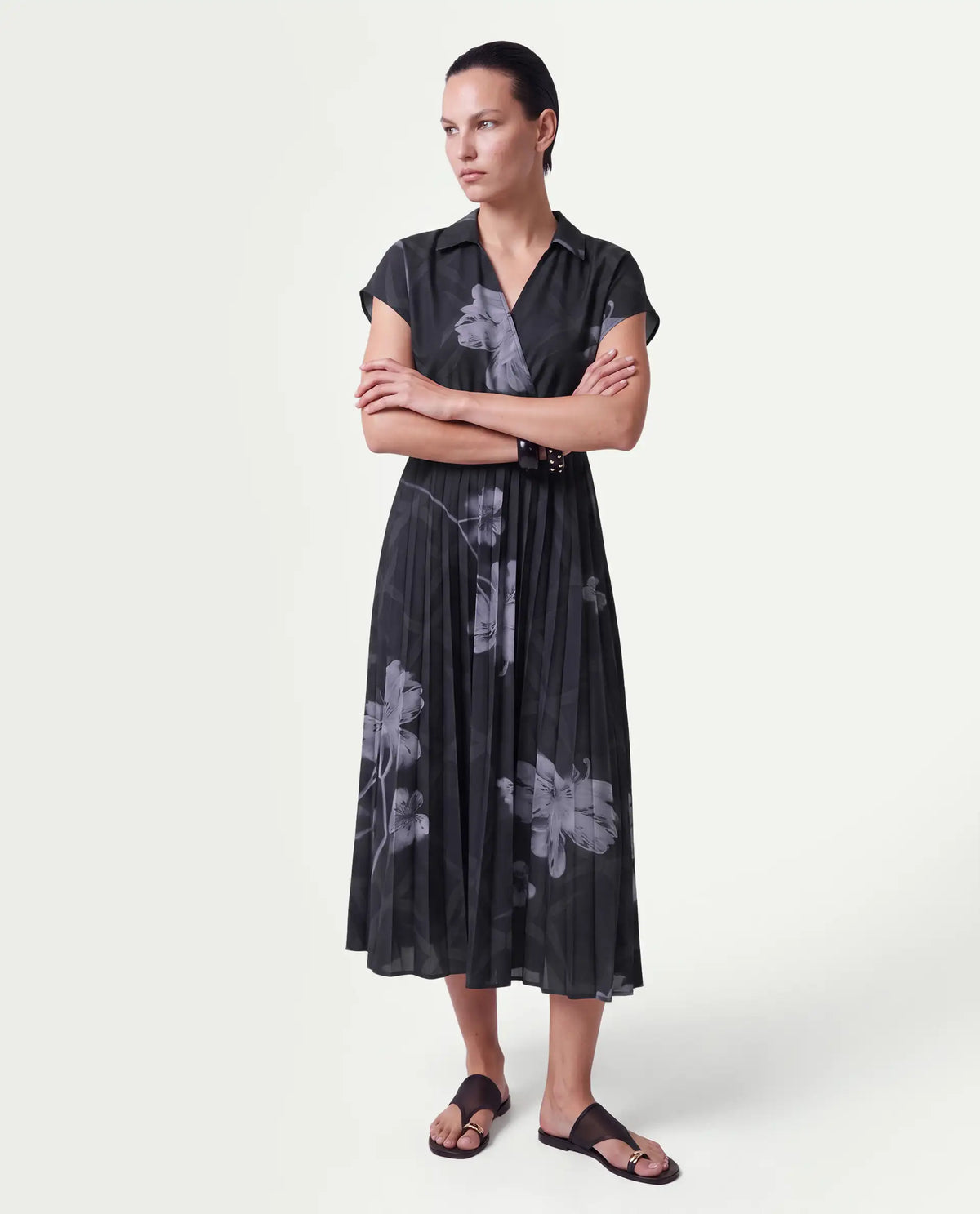 Rareism Women's Omago Black Polyester Pull-On Wrap Floral Print Dress