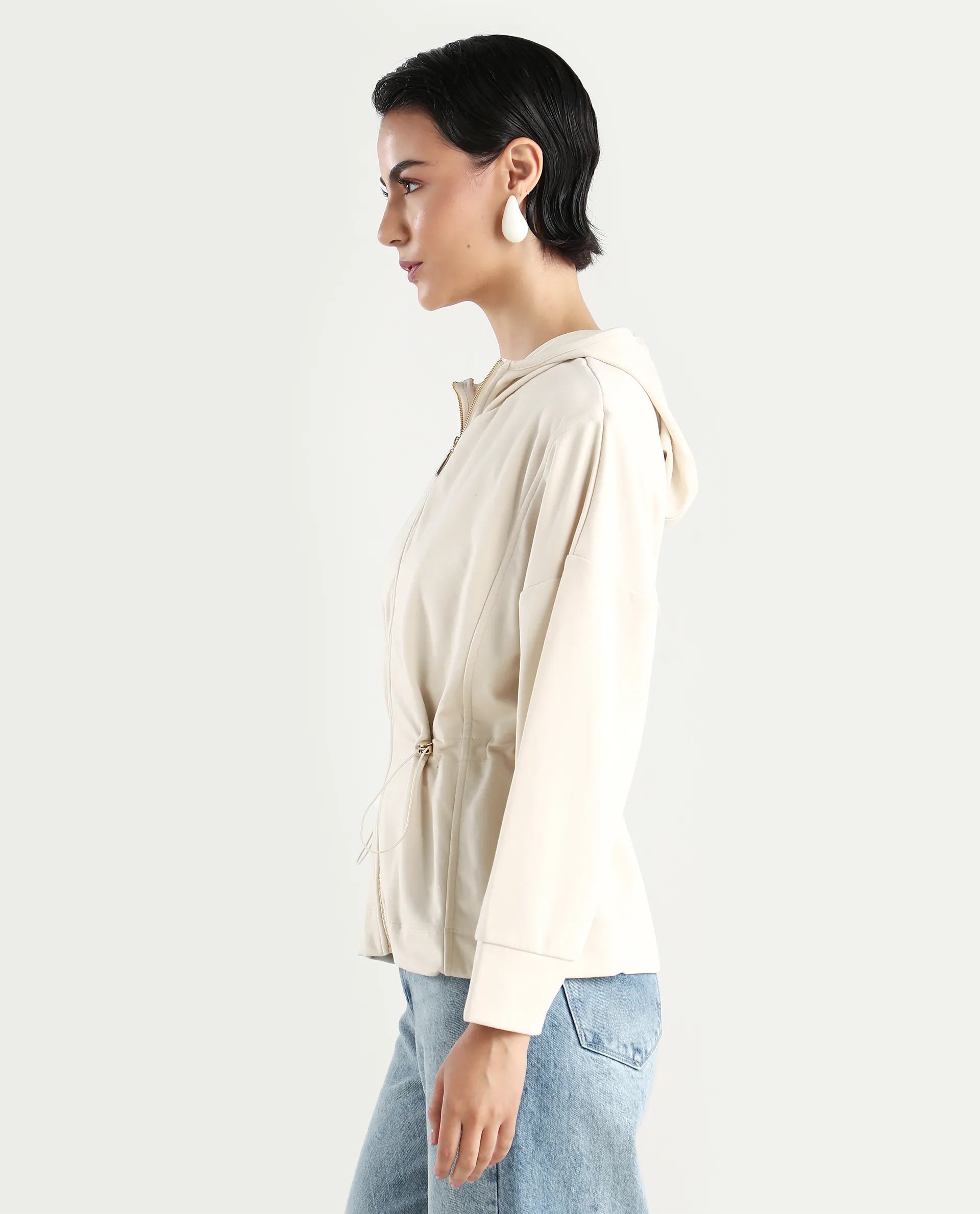 Rareism Women's Onerler Off White Modal Blend Hooded Plain Relaxed Fit Sweatshirt
