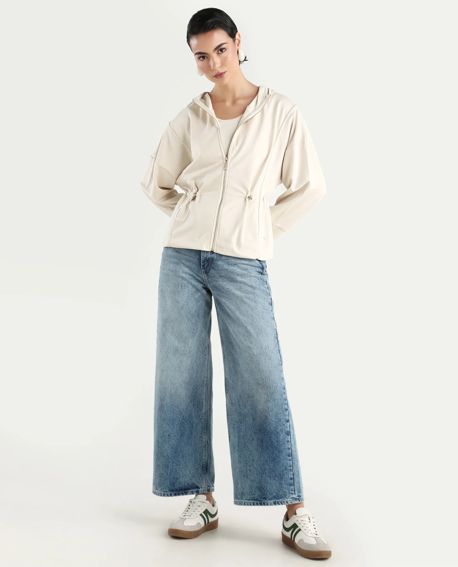 Rareism Women's Onerler Off White Modal Blend Hooded Plain Relaxed Fit Sweatshirt