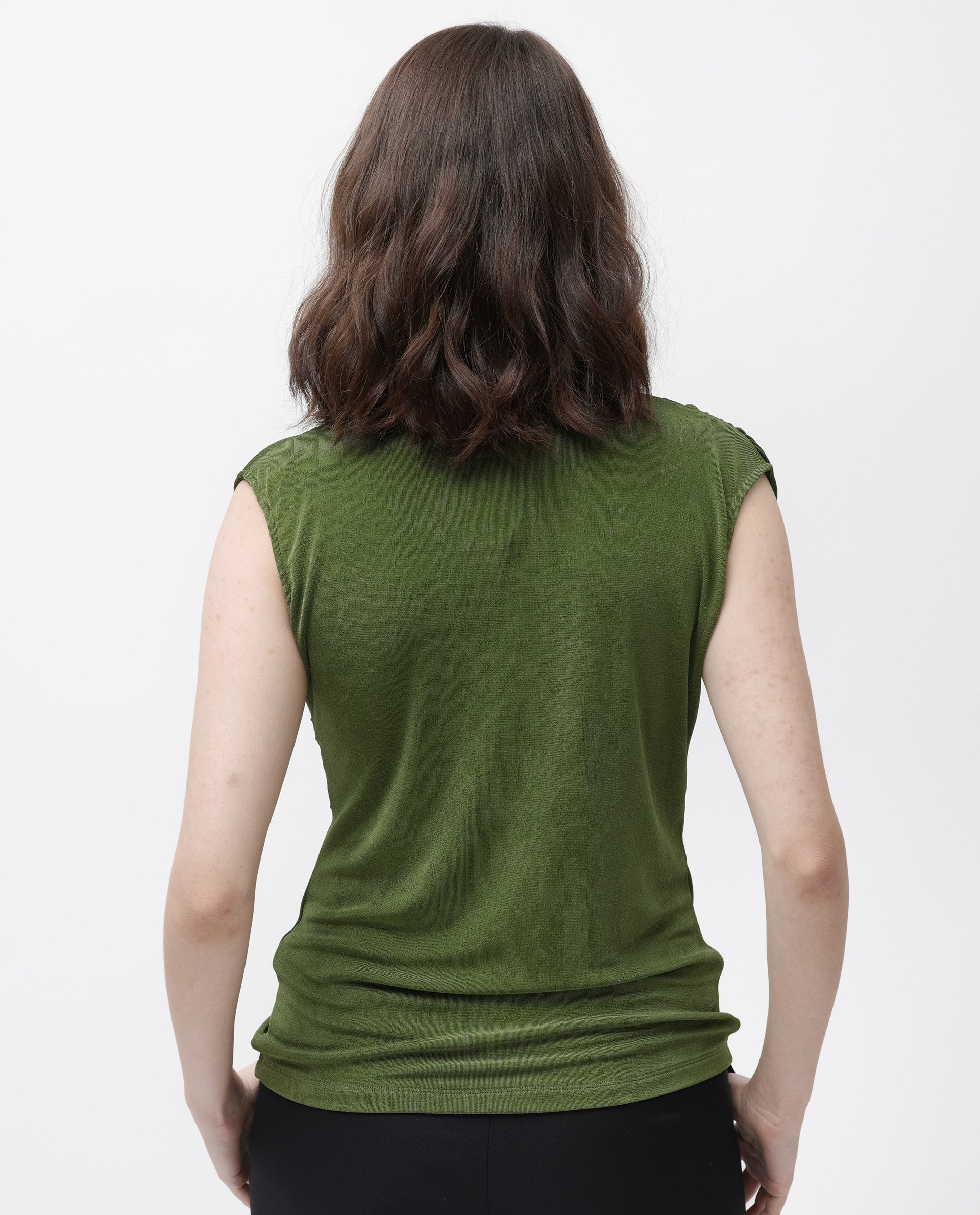 Rareism Women's Optus Green Polyester Blend Cowl Neck Plain Sleeveless Regular Fit Top