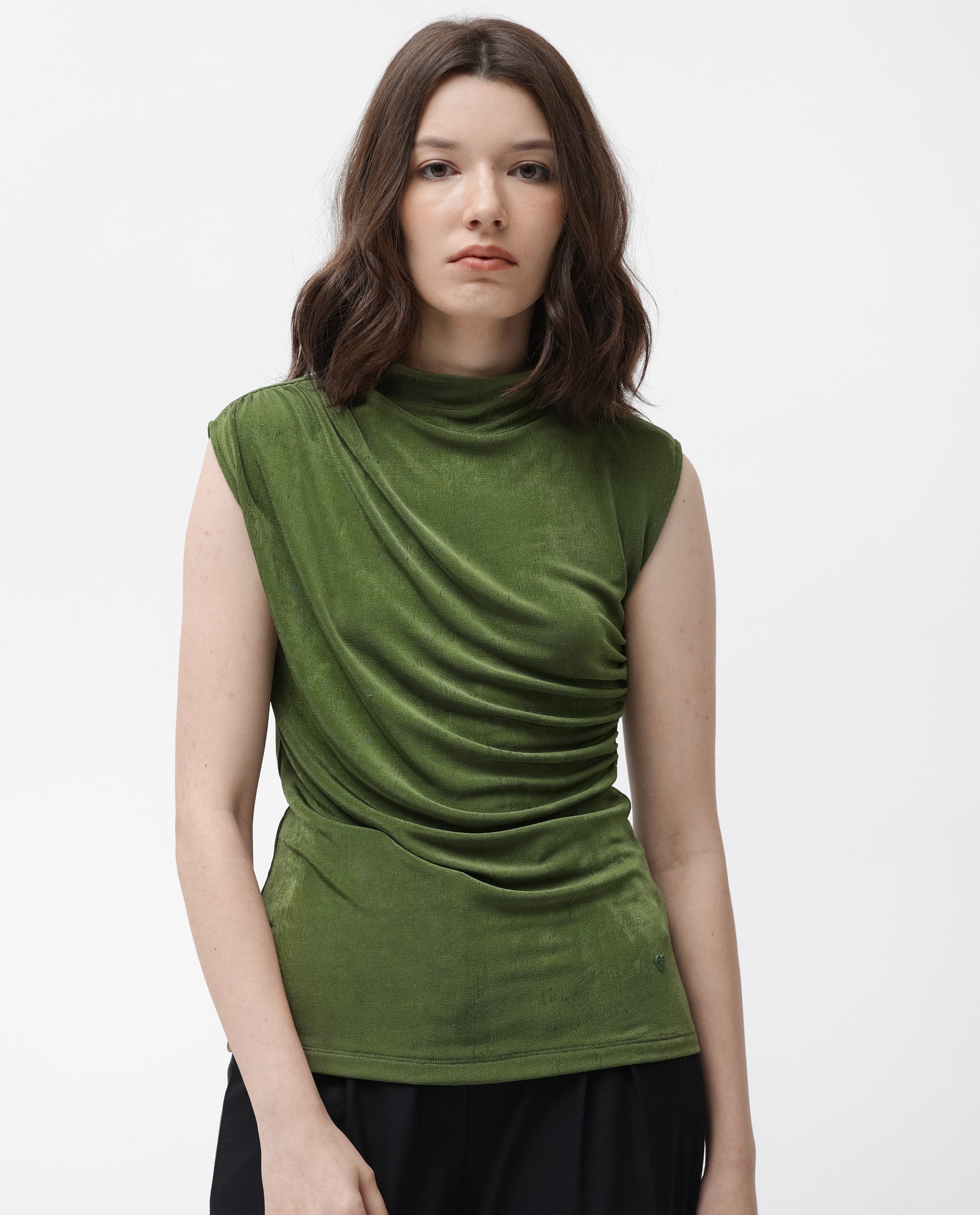Rareism Women's Optus Green Polyester Blend Cowl Neck Plain Sleeveless Regular Fit Top