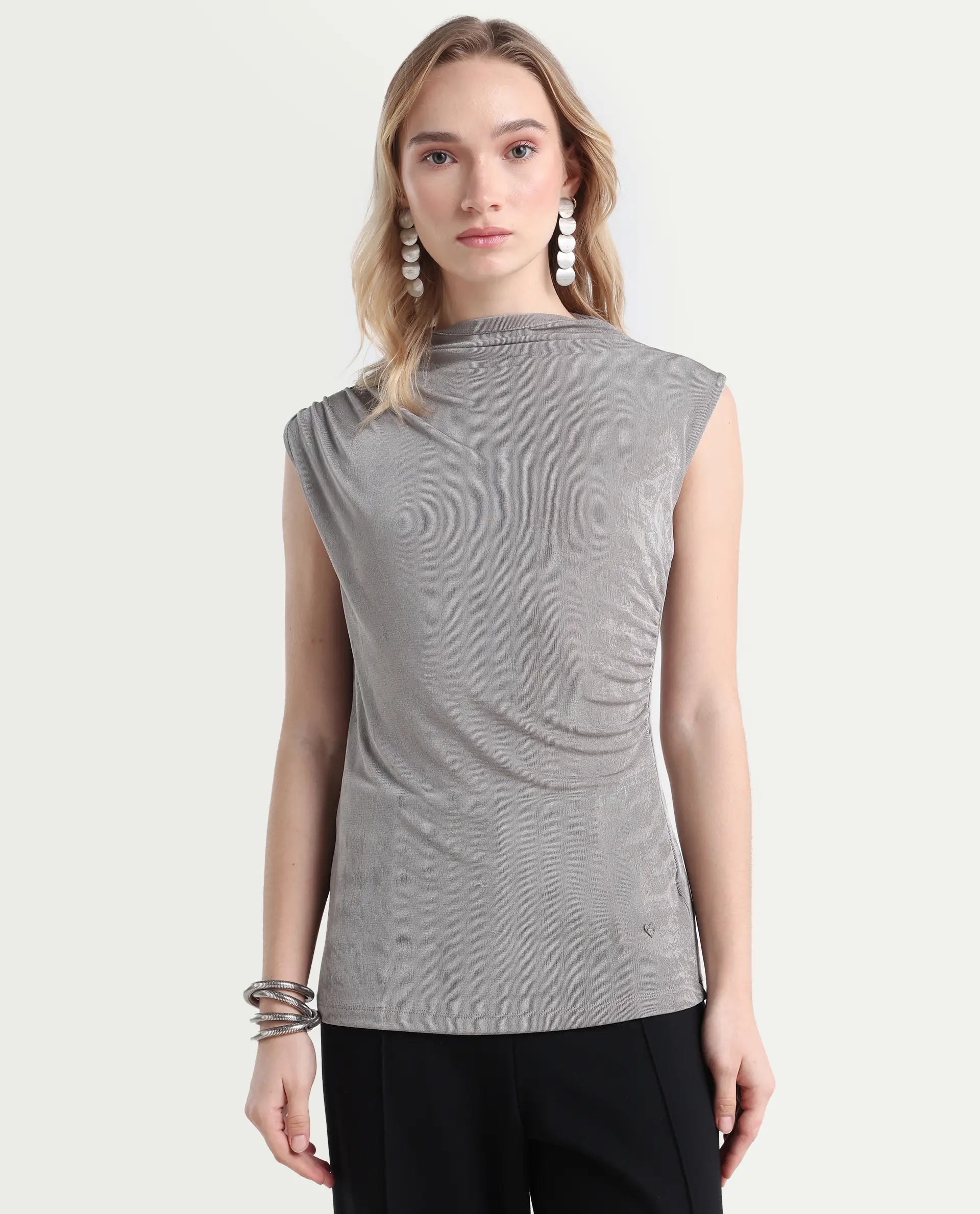 Rareism Women's Optus Light Grey Polyester Blend Cowl Neck Plain Sleeveless Regular Fit Top