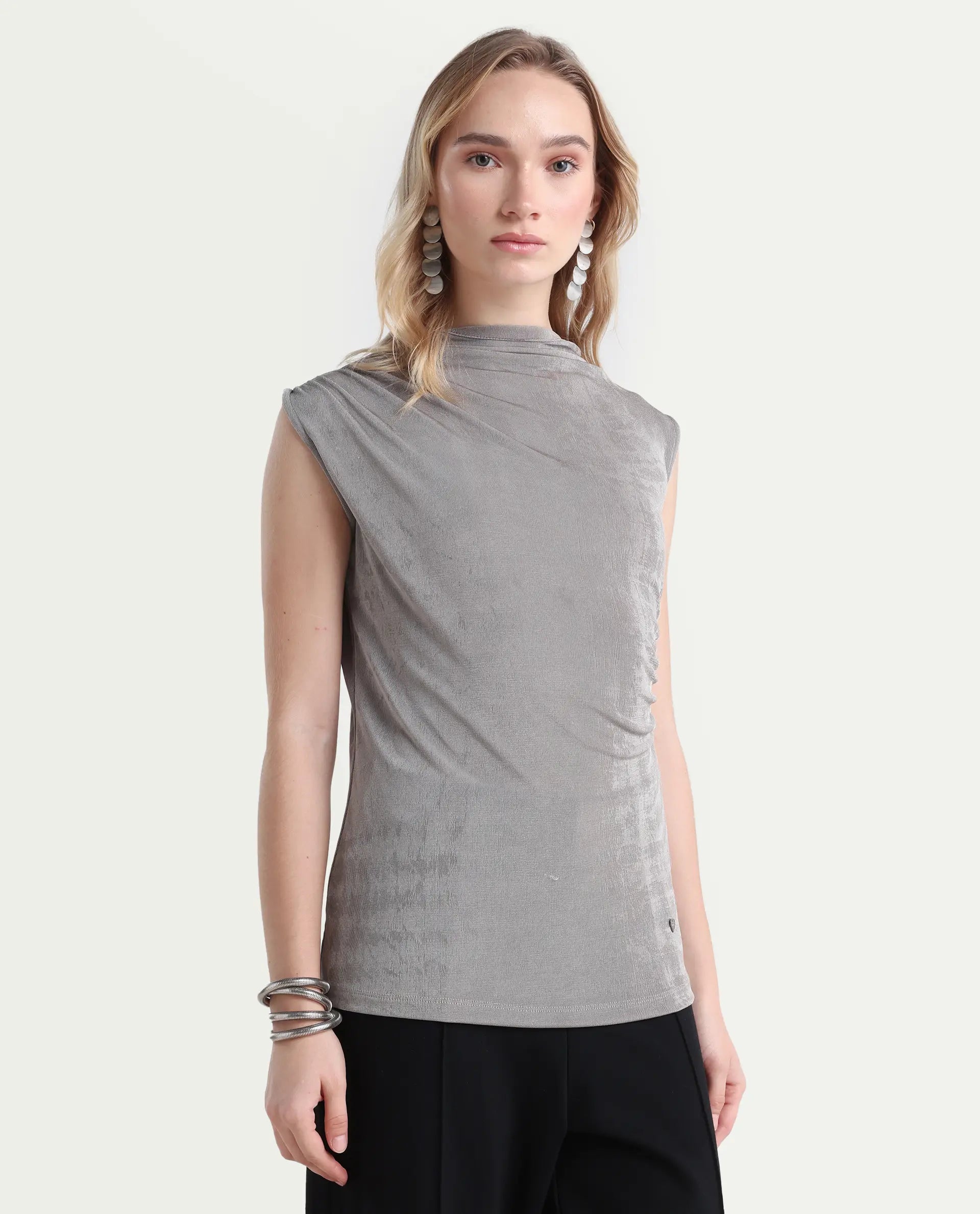 Rareism Women's Optus Light Grey Polyester Blend Cowl Neck Plain Sleeveless Regular Fit Top