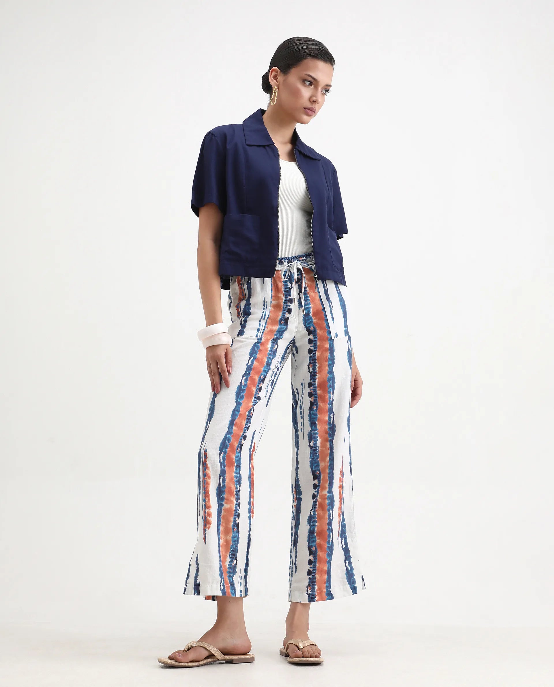 Rareism Women's Opus Offwhite Linen Abstract Print Ankle Length Tailored Trouser