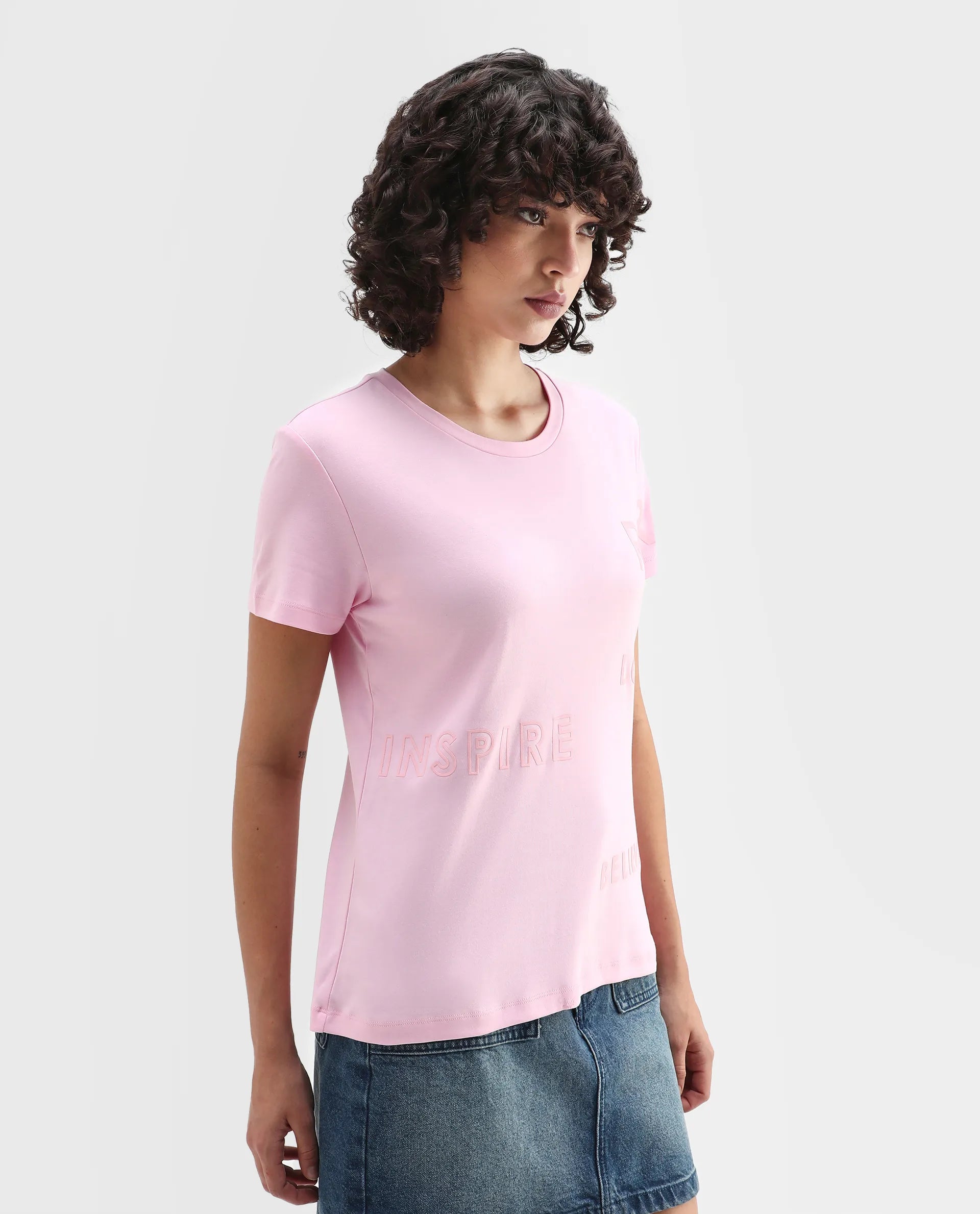 Rareism Women's Oratio Purple Cotton Crew Neck Flock Print Regular Fit T-Shirt
