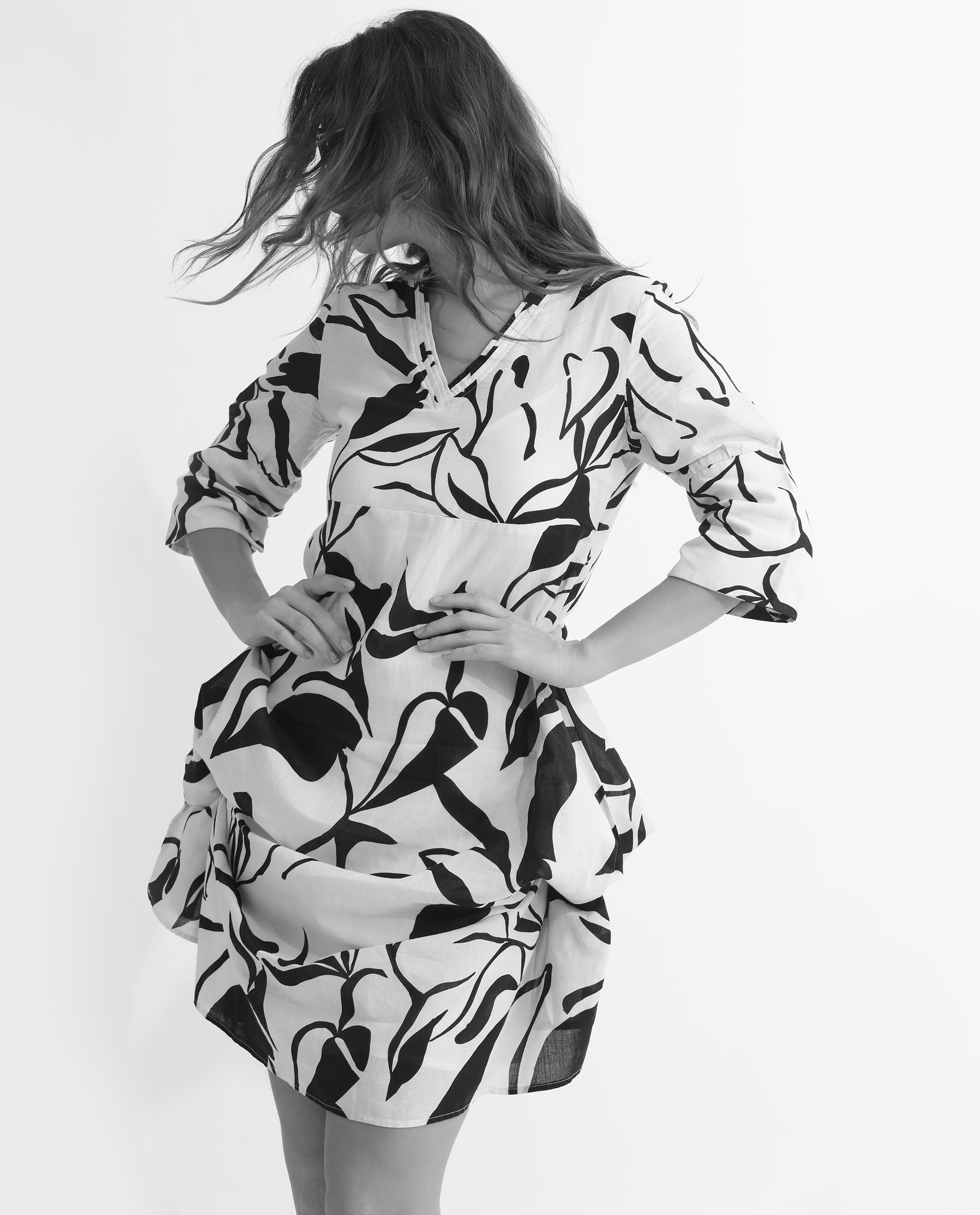 Rareism Women's Oreink Off White Cotton Blend V-Neck Abstract Print Midi Regular Fit Dress