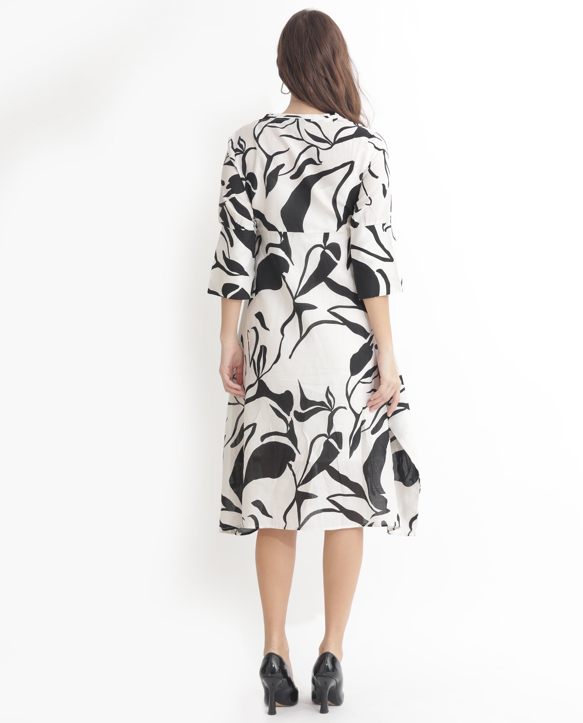Rareism Women's Oreink Off White Cotton Blend V-Neck Abstract Print Midi Regular Fit Dress