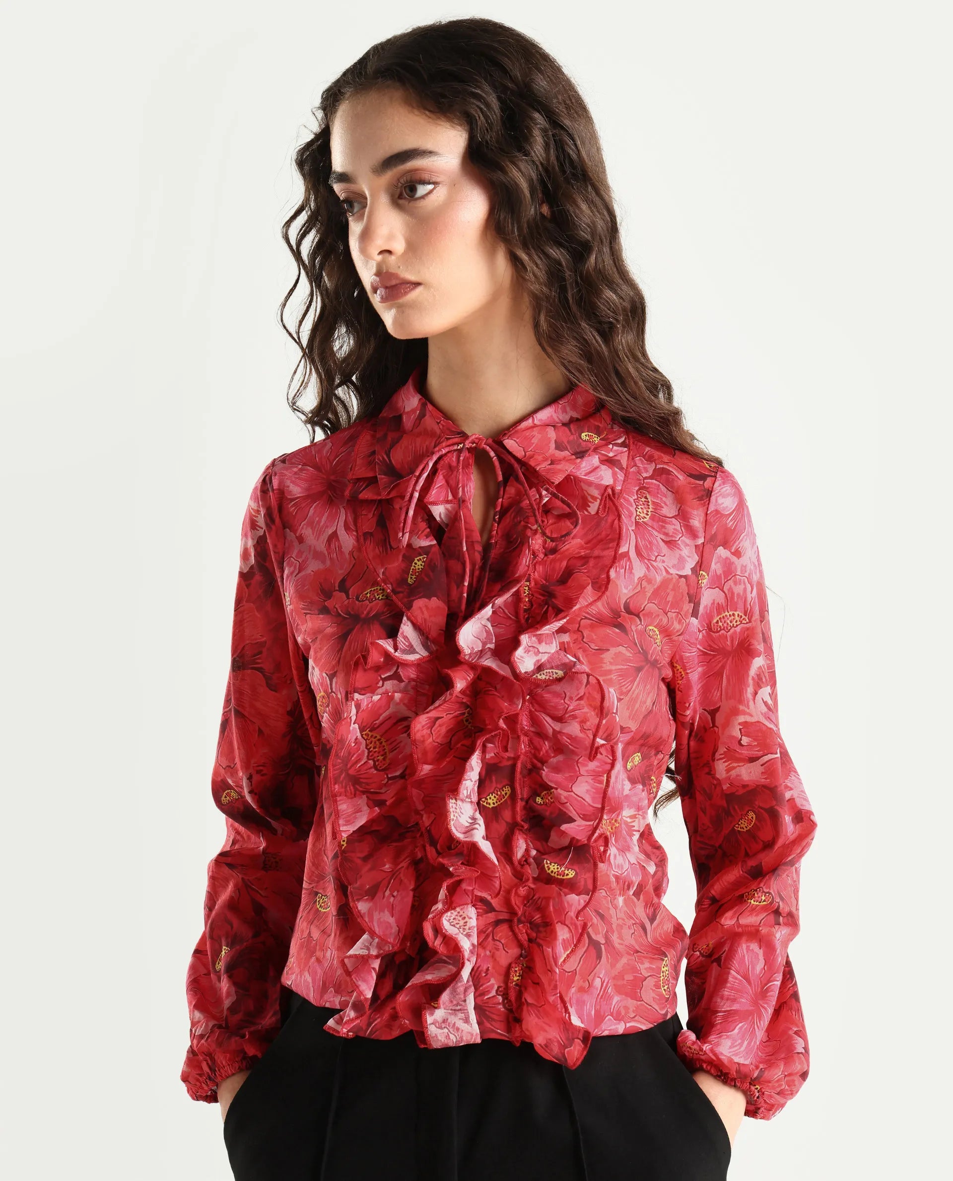 Rareism Women's Orney Maroon Cotton Spread Collar Floral Print Volume Sleeve Regular Fit Top