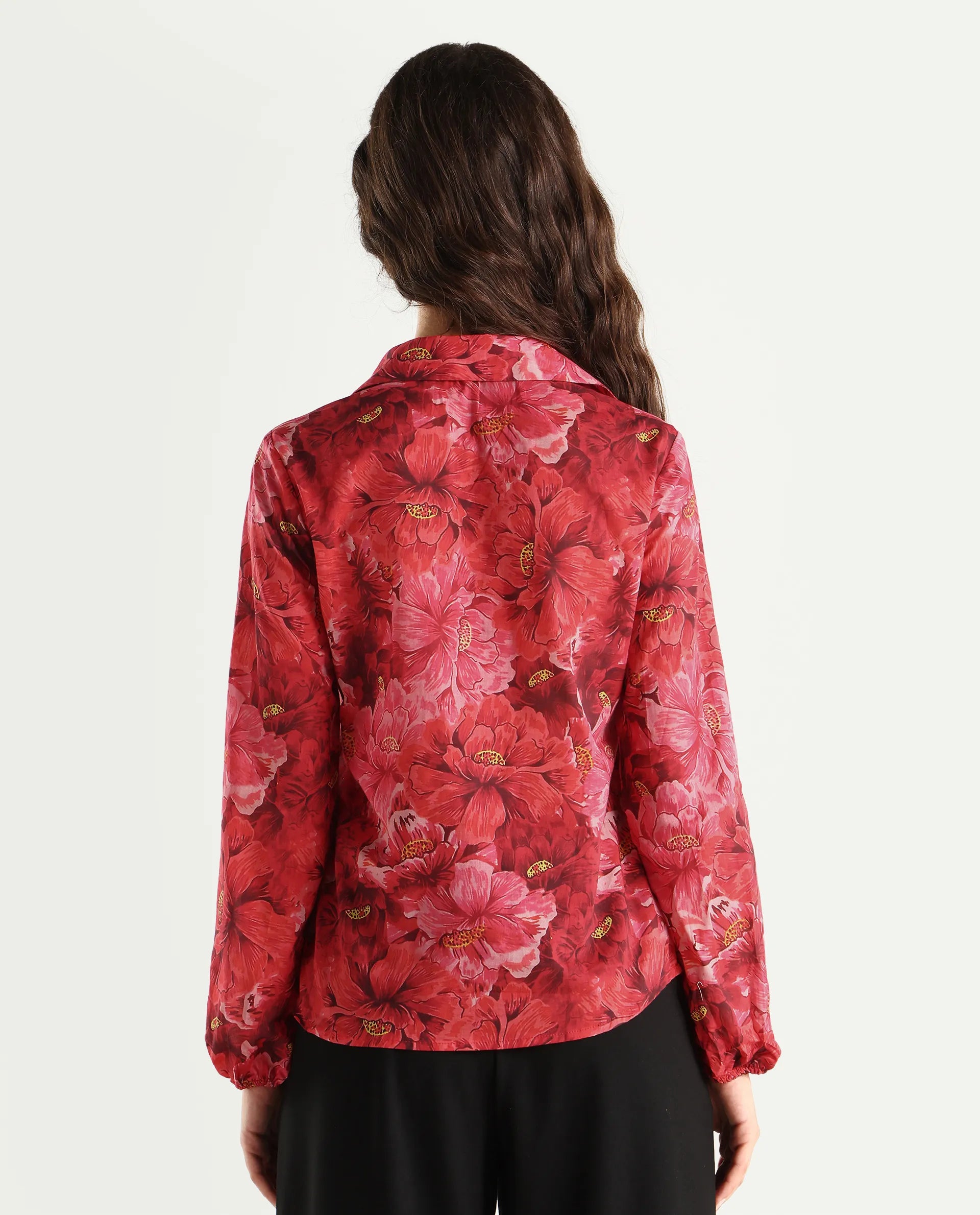Rareism Women's Orney Maroon Cotton Spread Collar Floral Print Volume Sleeve Regular Fit Top