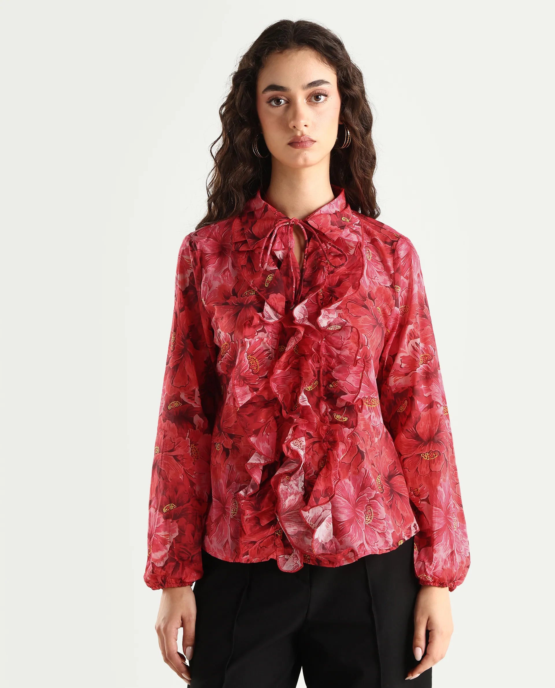 Rareism Women's Orney Maroon Cotton Spread Collar Floral Print Volume Sleeve Regular Fit Top