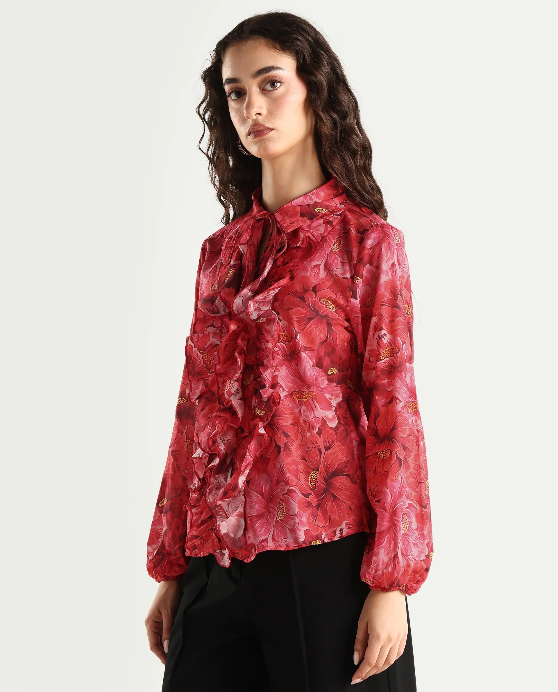 Rareism Women's Orney Maroon Cotton Spread Collar Floral Print Volume Sleeve Regular Fit Top