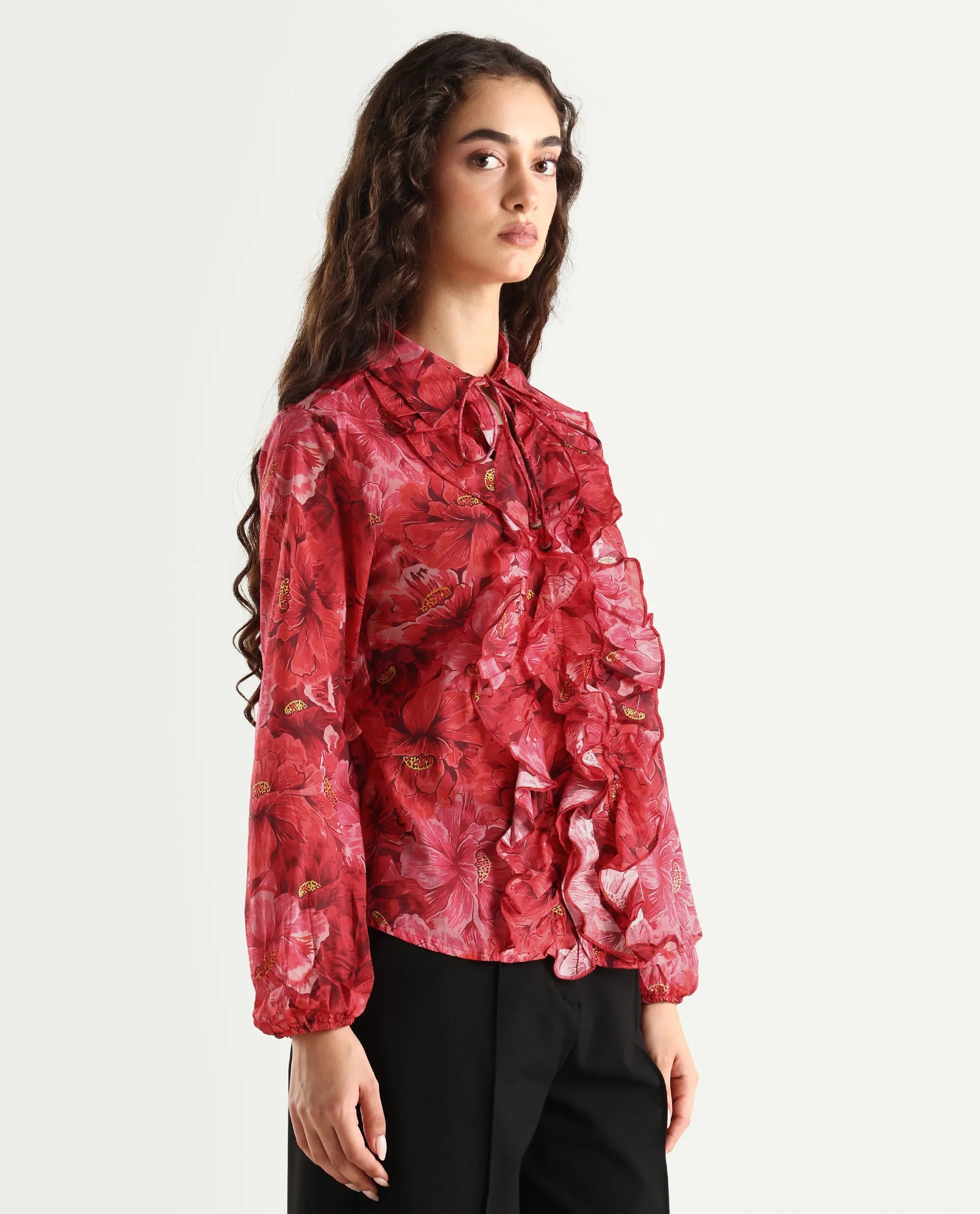 Rareism Women's Orney Maroon Cotton Spread Collar Floral Print Volume Sleeve Regular Fit Top