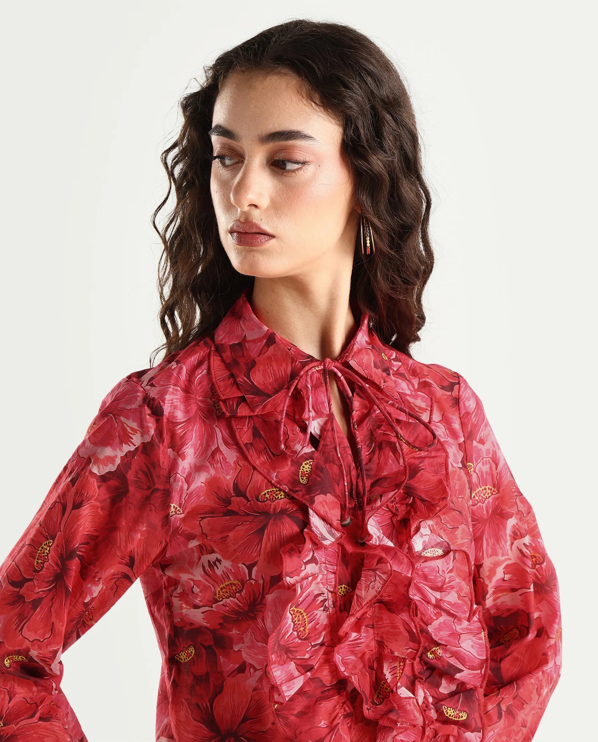 Rareism Women's Orney Maroon Cotton Spread Collar Floral Print Volume Sleeve Regular Fit Top