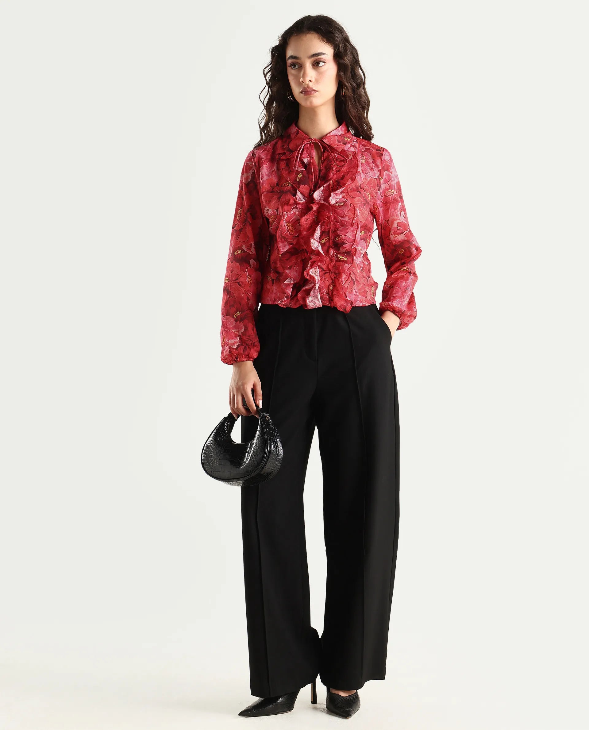 Rareism Women's Orney Maroon Cotton Spread Collar Floral Print Volume Sleeve Regular Fit Top