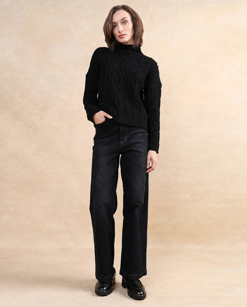 Rareism Women Osmaniye Black Plain Sweater