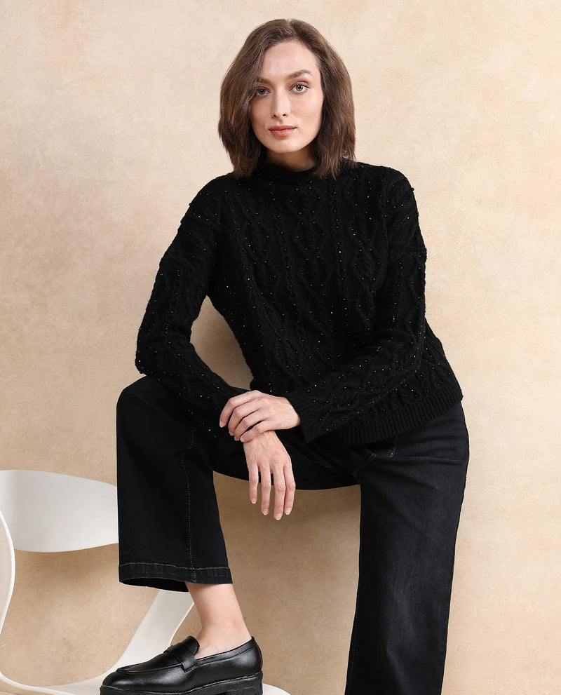 Rareism Women Osmaniye Black Plain Sweater