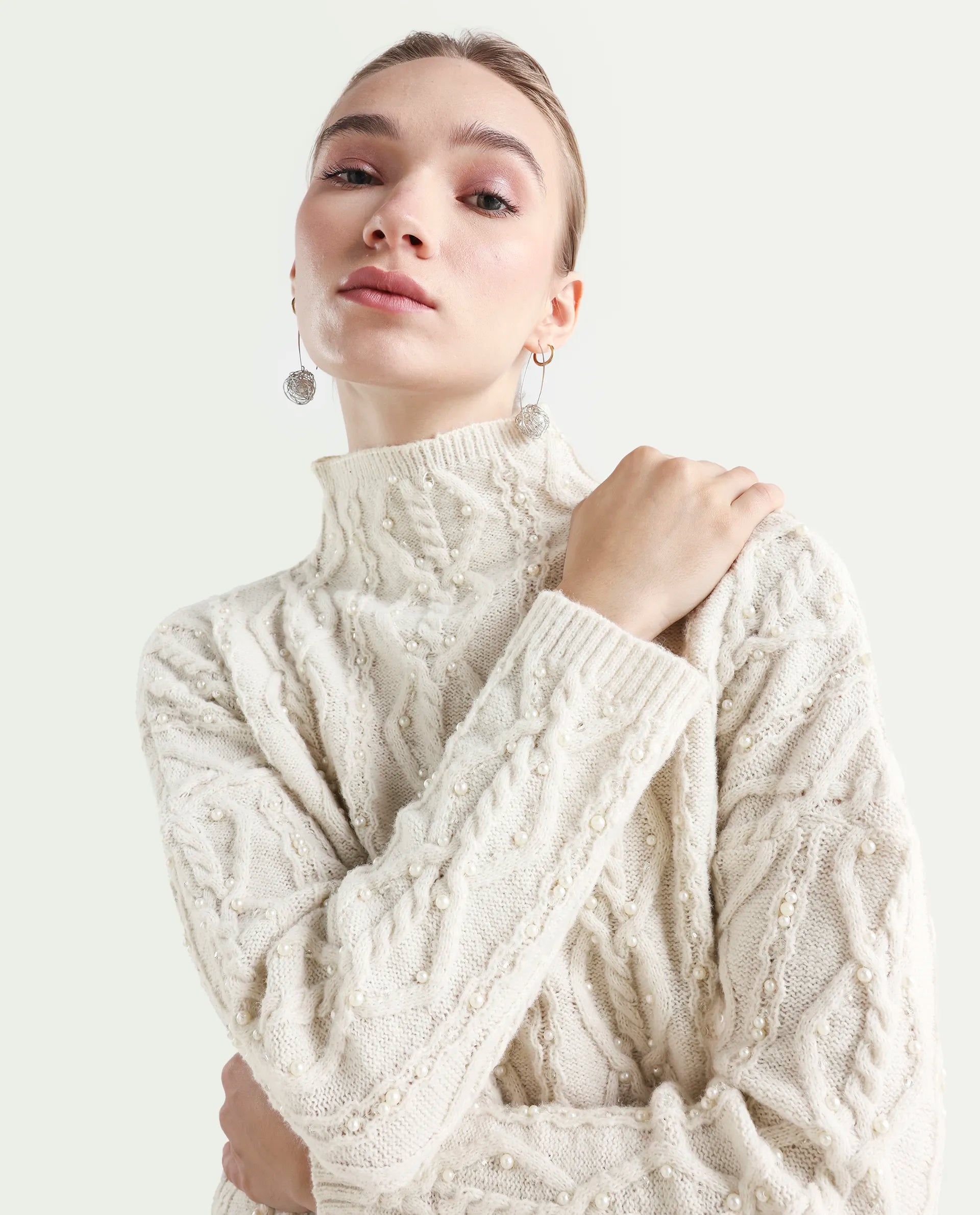 Rareism Women's Polyester High Neck Plain Relaxed Fit Sweater