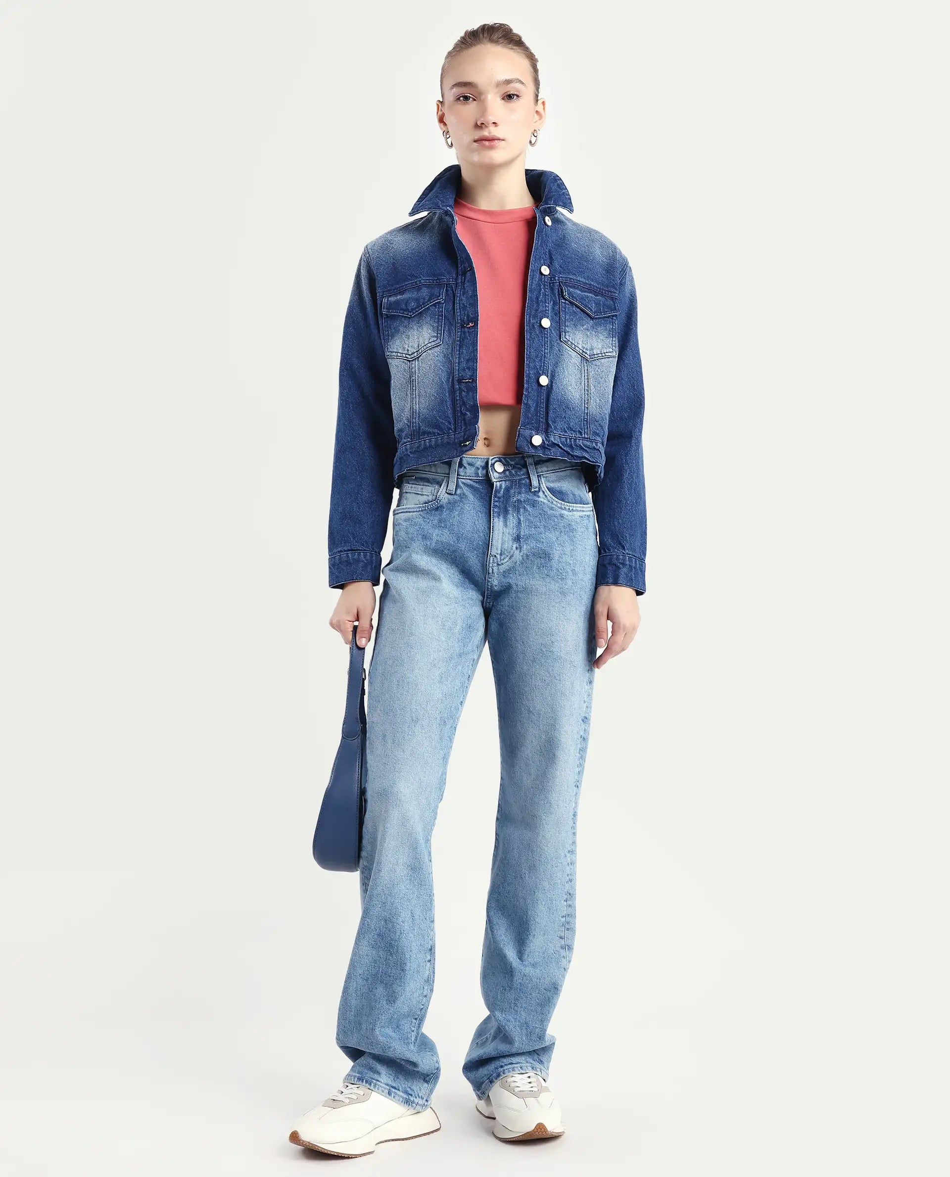 Rareism Women's Osseo Light Blue Cotton Blend Plain Ankle Length Smart Straight Fit Jeans