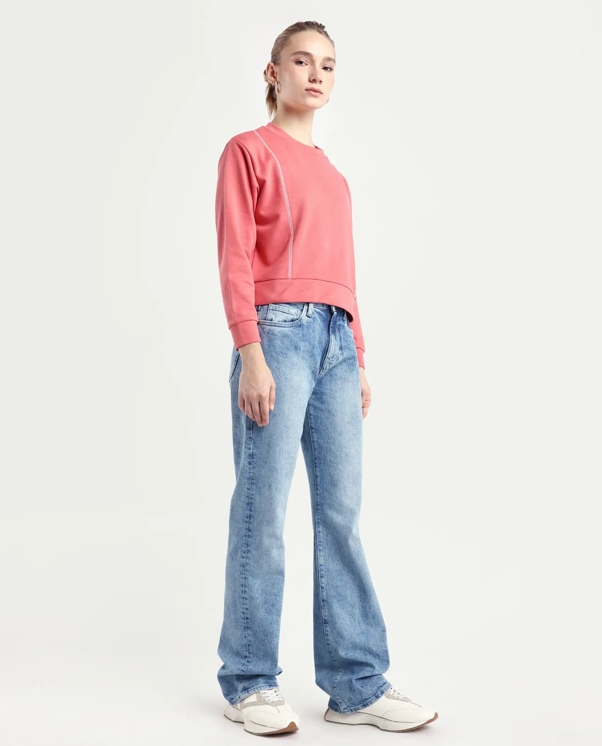 Rareism Women's Osseo Light Blue Cotton Blend Plain Ankle Length Smart Straight Fit Jeans