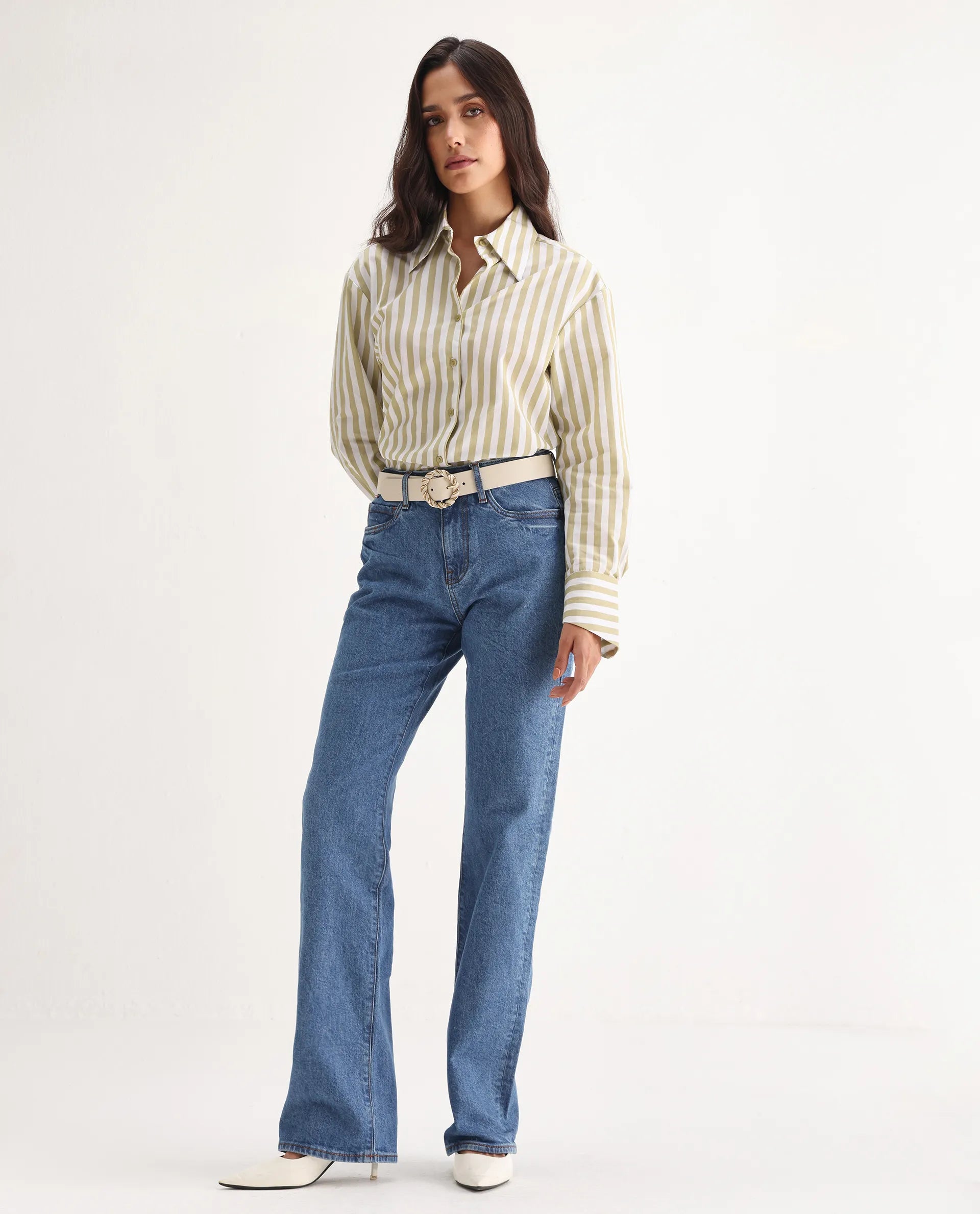 Rareism Women's Osseo Blue Cotton Blend Plain Ankle Length Smart Straight Fit Jeans